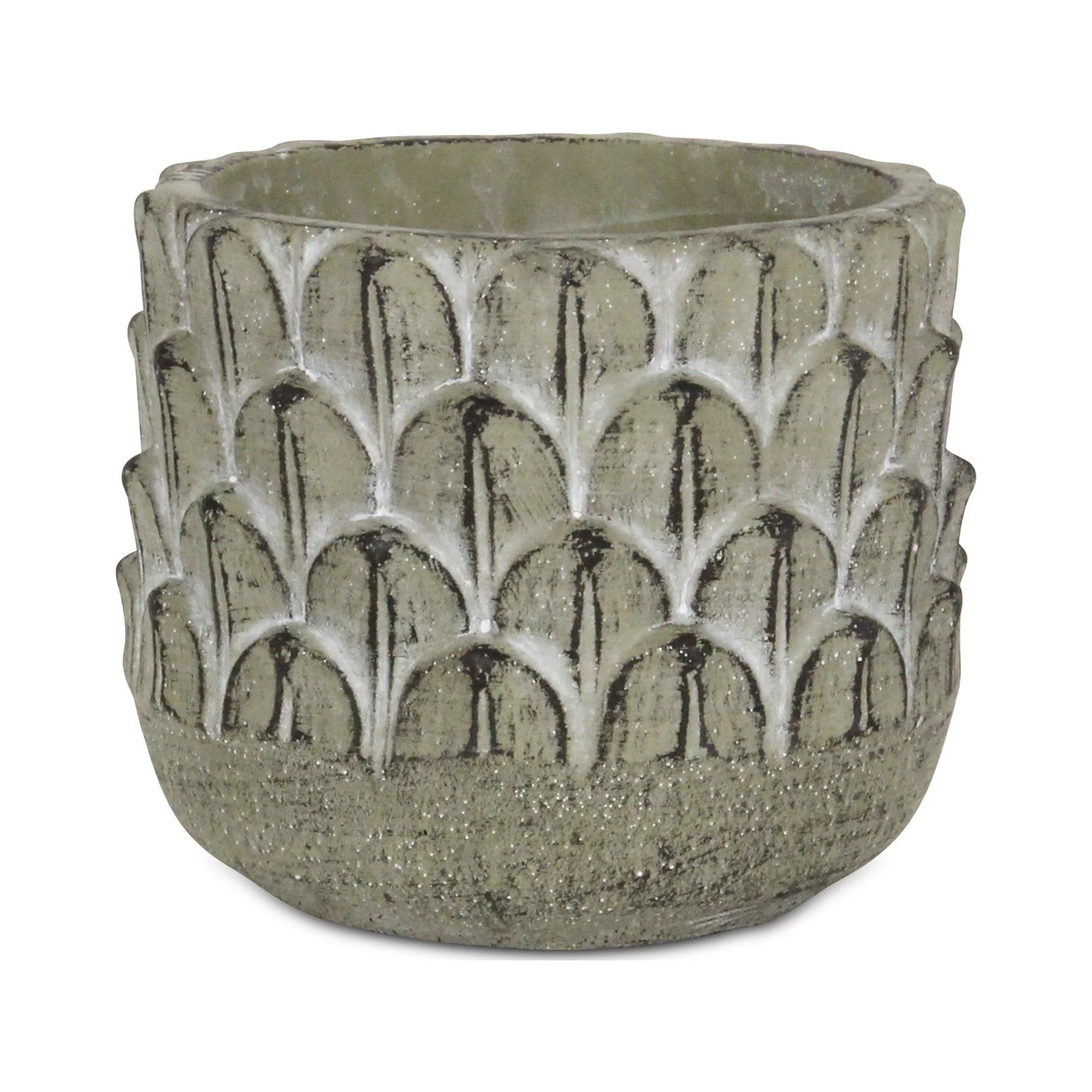 Cheungs 5451S Cement Pot with Overlapping Feather Pattern, Round - Small