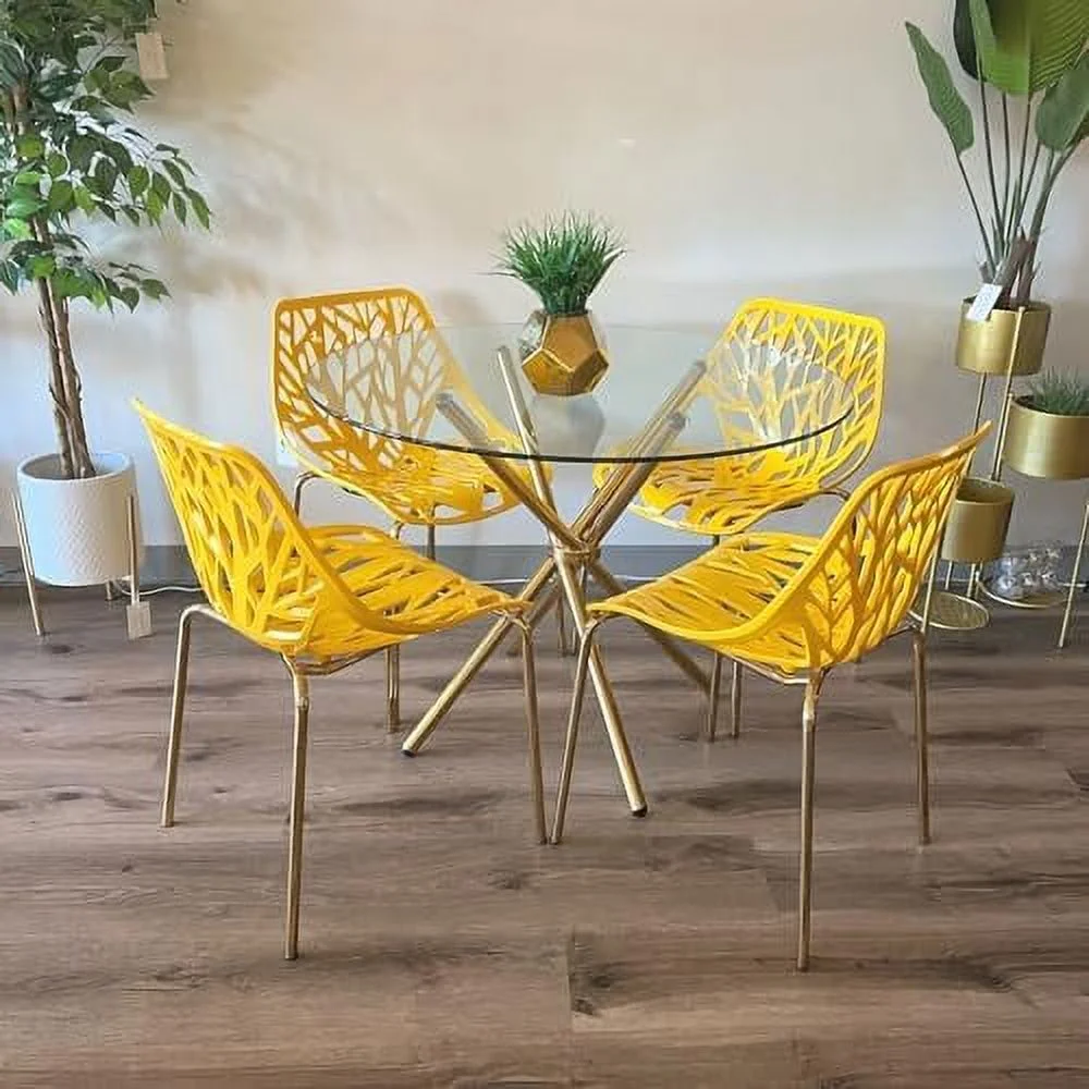 LNSETGC Modern Yellow Dining Chairs Set of 4  Birch Sapling Style Chairs for Dining Room  Hotels  Restaurants Indoor Outdoor  Stackable Comfortable Kitchen Chairs with Gold Legs (4  Yello