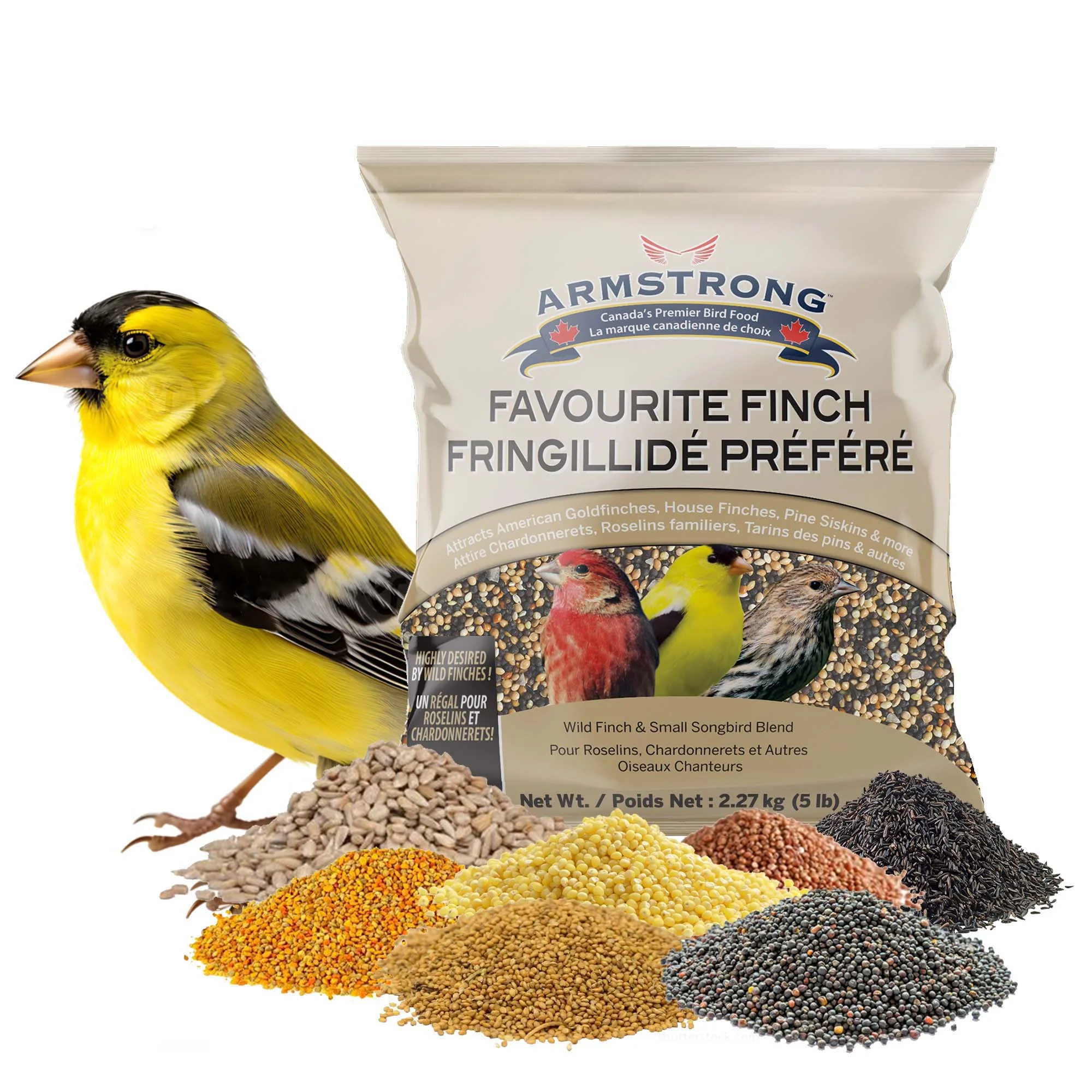 Armstrong Wild Bird Food Favourite Finch Bird Seed Blend with Nyjer and Sunflower Kernel Chips for American Goldfinches, House Finches, Pine Siskins and Songbirds for Outside Feeders, 5lbs