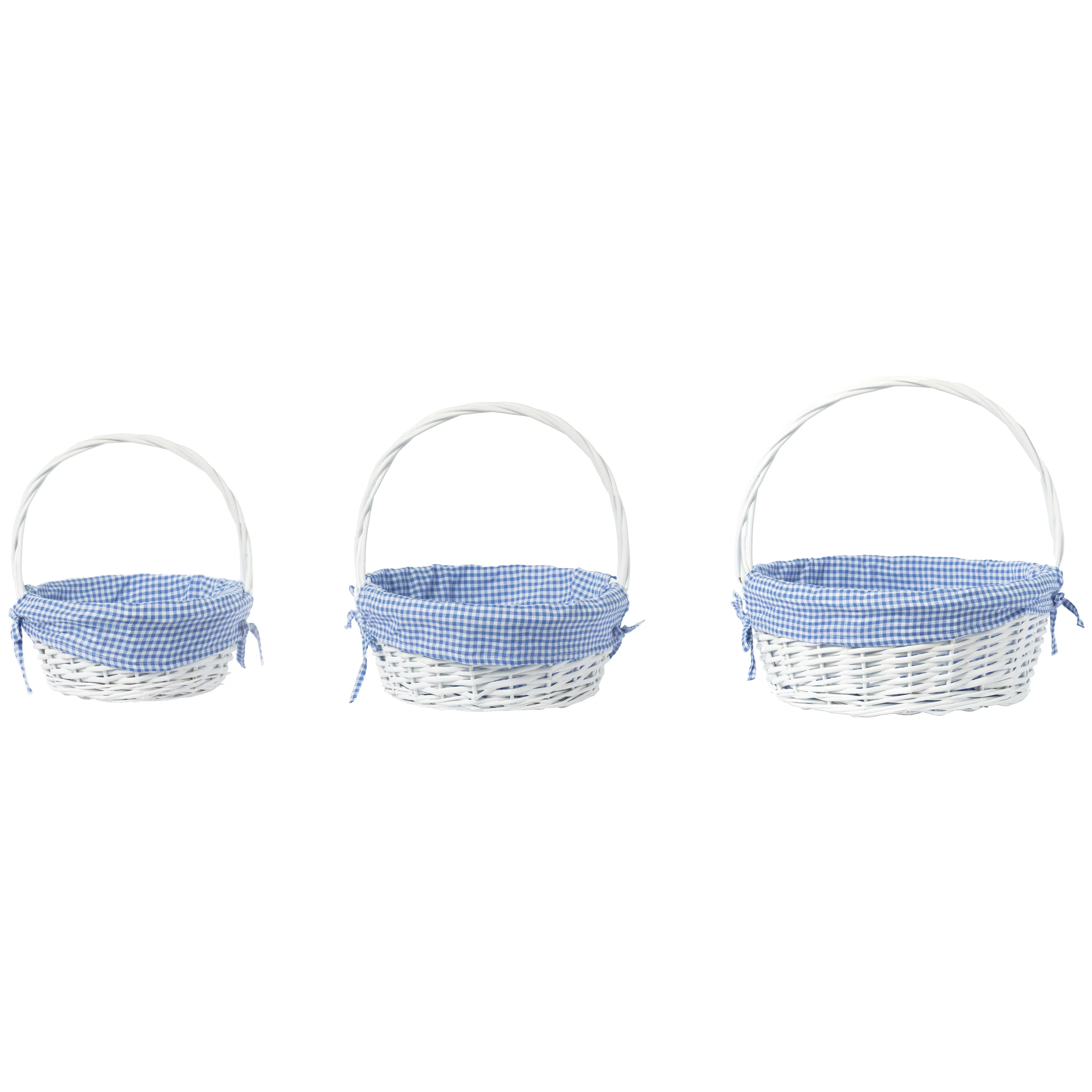 White Round Willow Gift Basket, with Gingham Liner and Handle