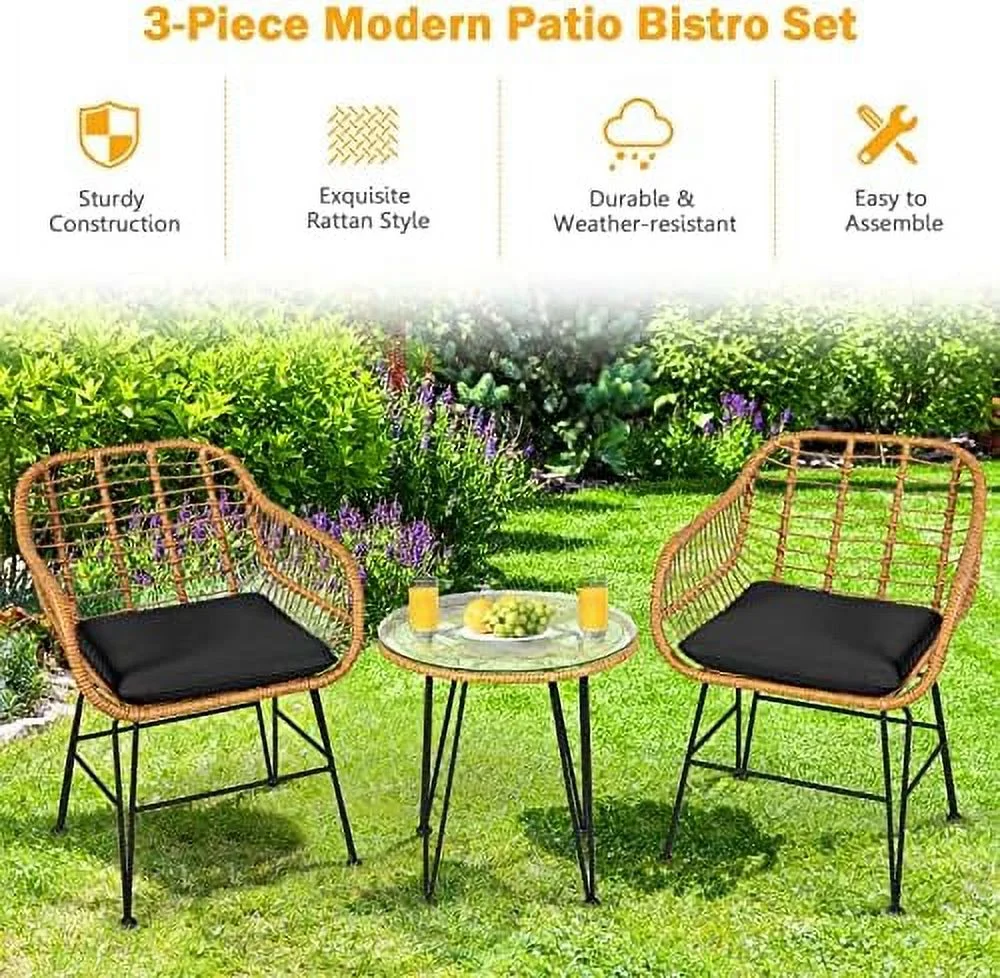QYFZBIM 3 Pieces Rattan  with Steel Frame Round Coffee Table  Soft Cushions  Rattan Bistro  Set