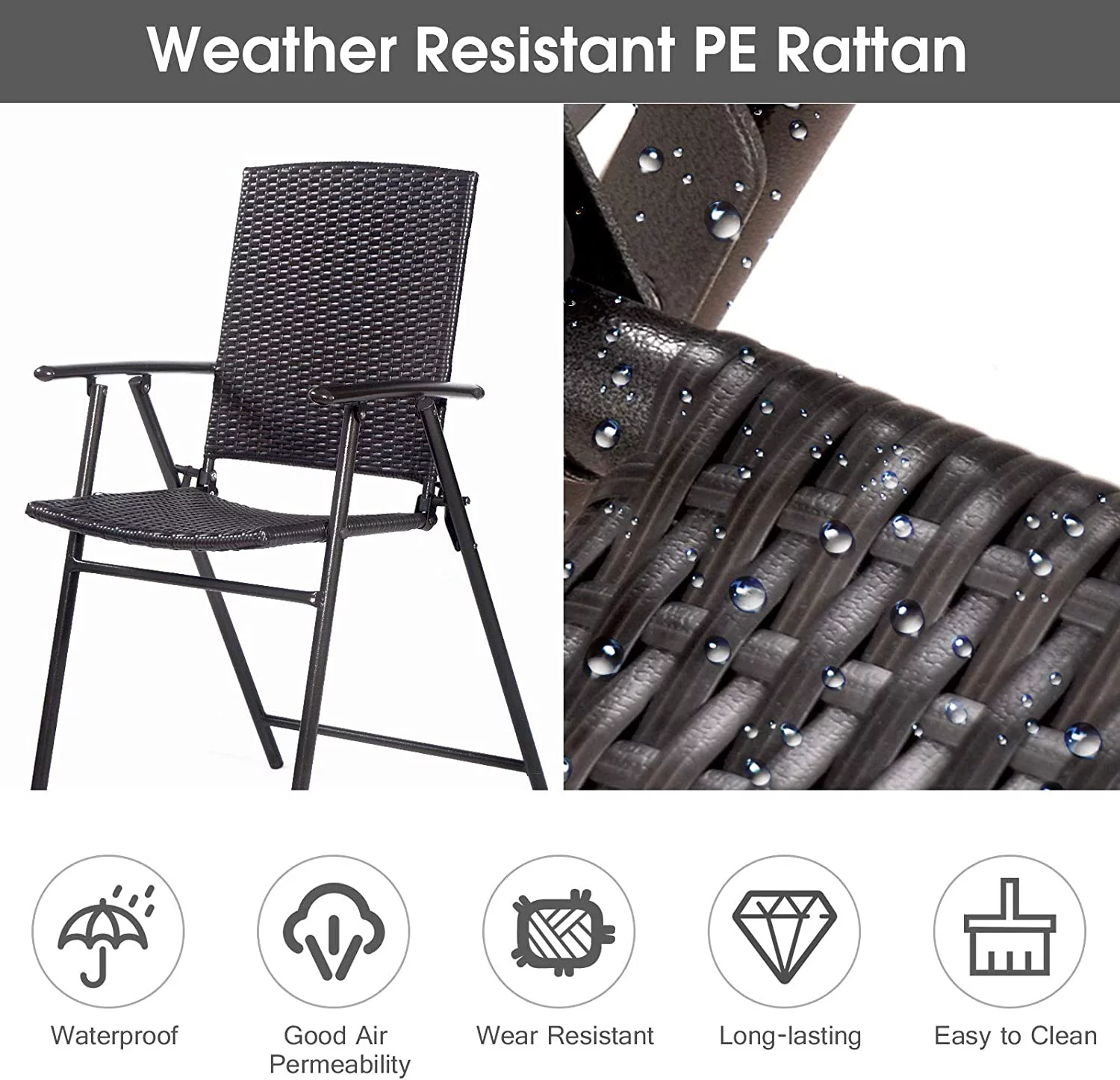 QUGDXVBN Folding Wicker Rattan  Chairs Set of 4 Tall Stool with Back Steel Frame Armrests and Footrest  Stools Garden Patio  Set