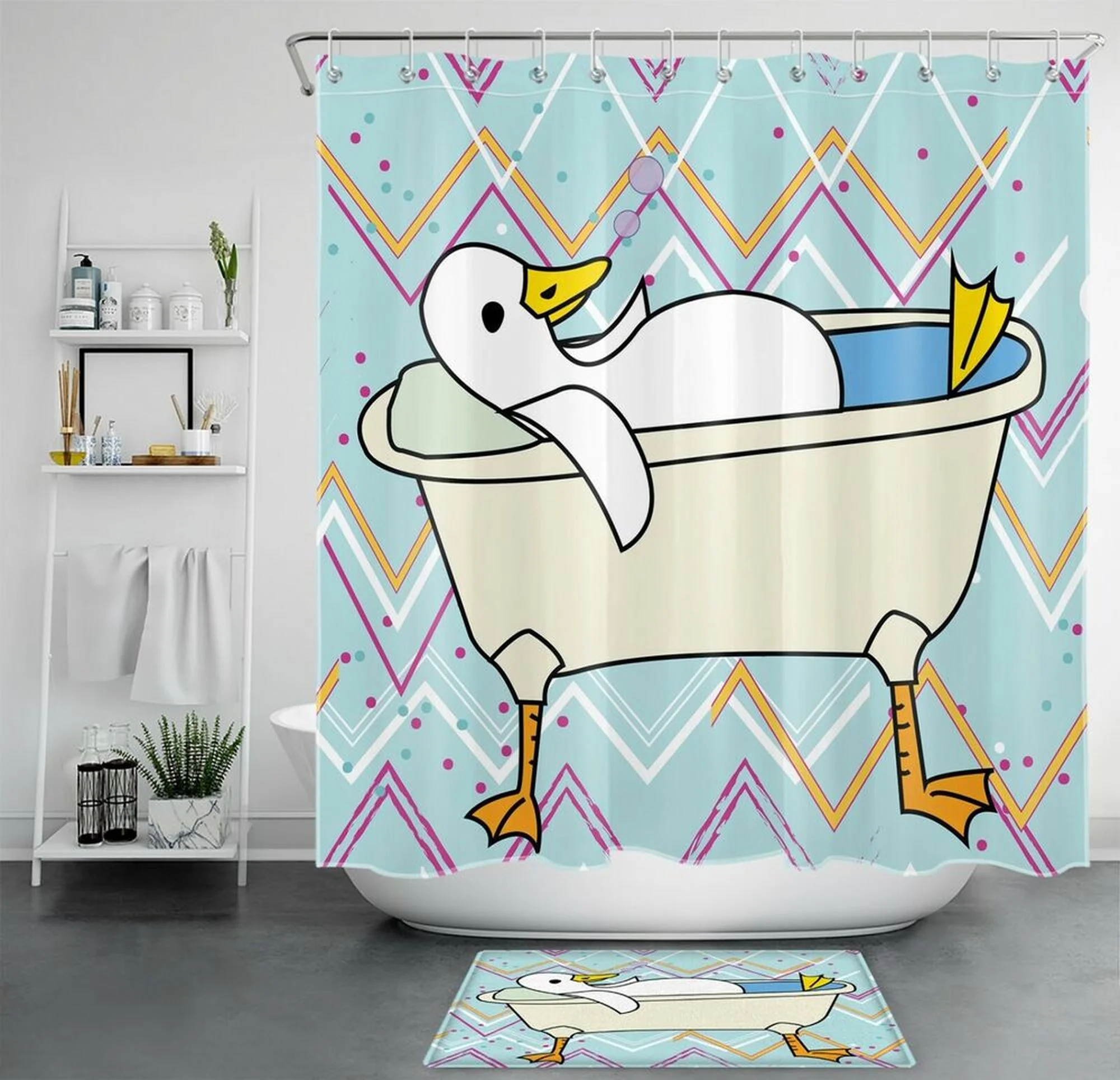 Bathtub Funny Animal Duck Shower Curtain Cartoon Art Bathroom Accessories Set
