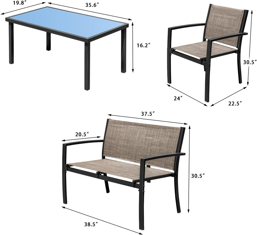 4 Pieces Patio Furniture Set Outdoor Garden Patio Conversation Sets Poolside Lawn Chairs with Glass Coffee Table Porch Furniture (Brown)