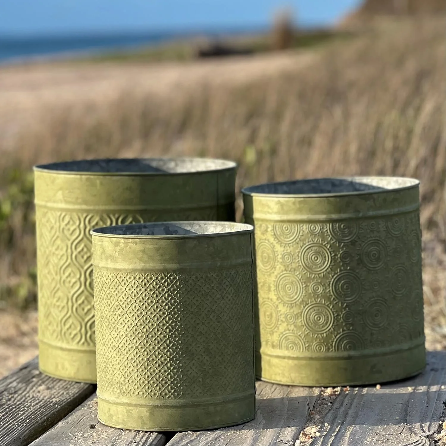 Boho Shabby Style Round Planters, Set of 3, Embossed Mandala Daisy Patterns, Grey with Green Patina, 10.75, 9.75, and 8.75 Inches, Cache Pots