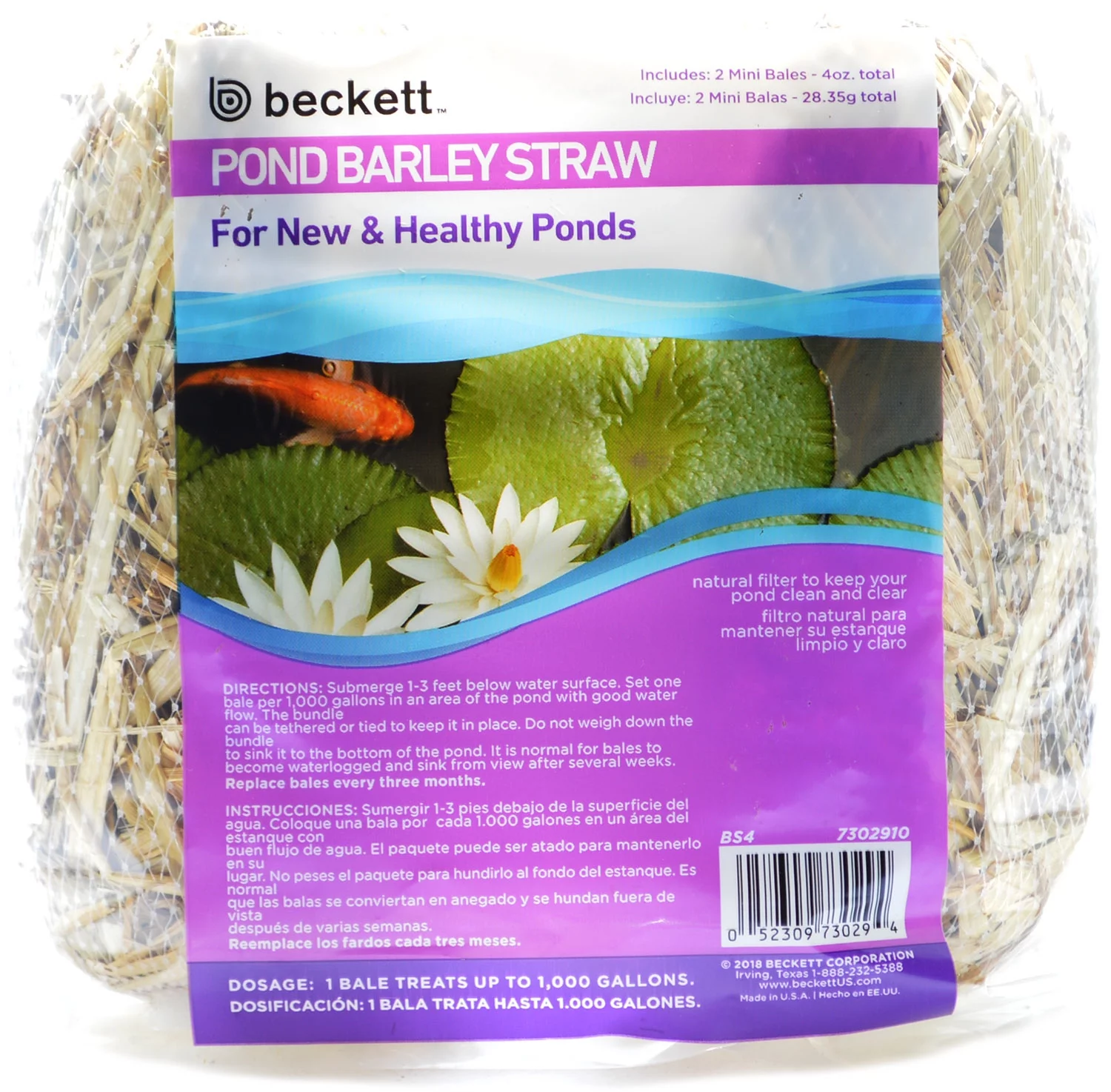 Beckett 1000 Gallon Barley Straw Bales Natural Filtration For Clean, Clear Water in Ponds, Water Gardens, 4 oz.