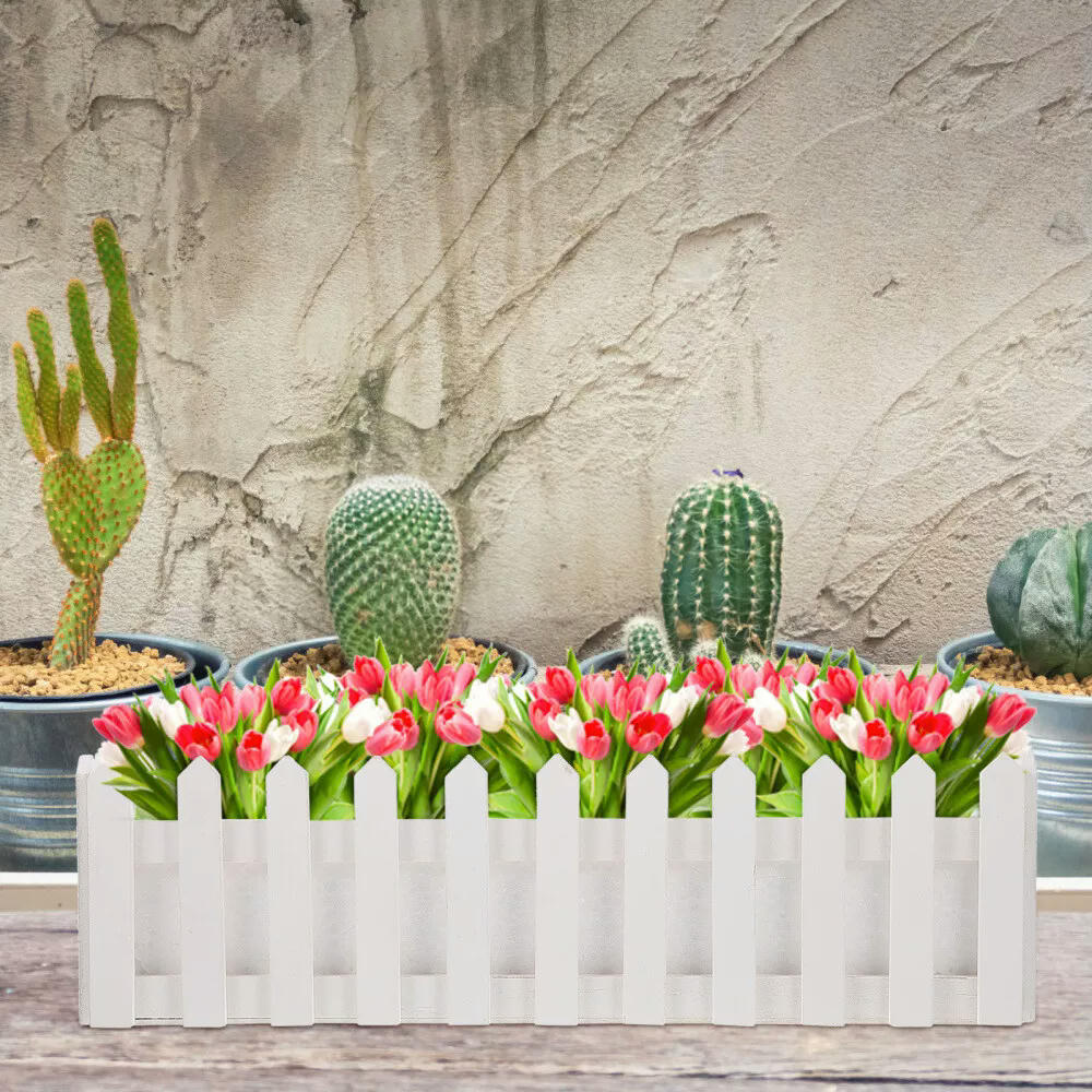 Flowerpot Wooden White Picket Fence Garden Bed Planter Faux Cactus