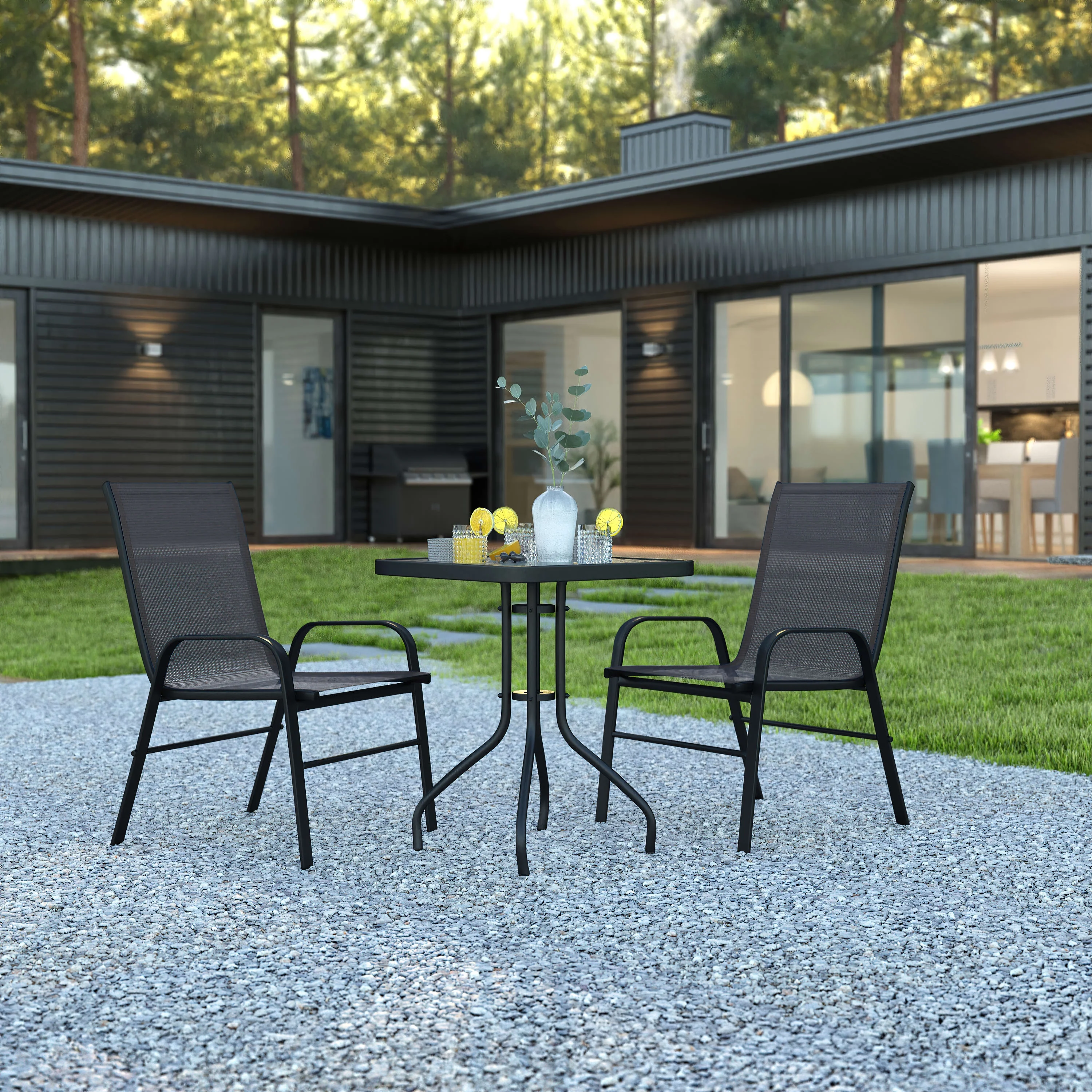 Flash Furniture Brazos Series 3-Piece Steel Glass Patio Table and Chair Set, Black