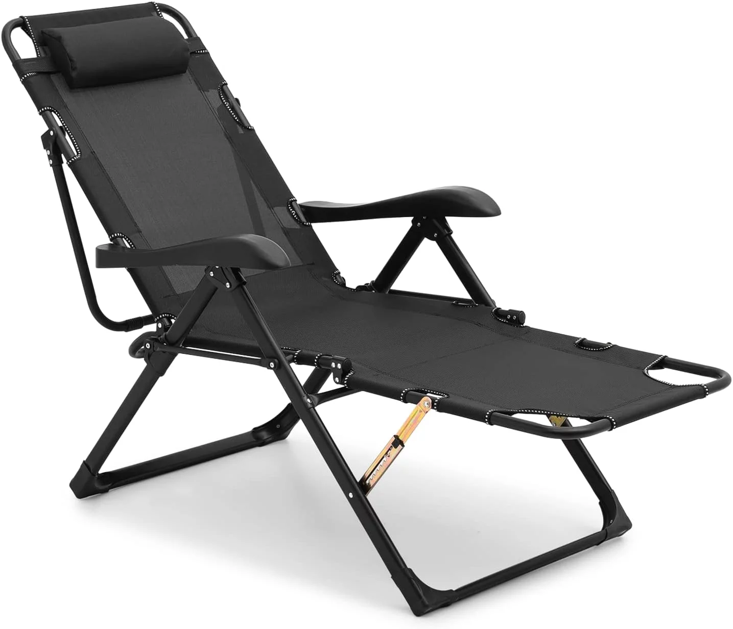 Folding Reclining Patio Chairs, Adjustable Folding Reclining Lounge Chair with Additional Support Bar and Headrest Patio Lawn Recliner for Outdoor Pool Camp Yard, 300 lbs (Black)