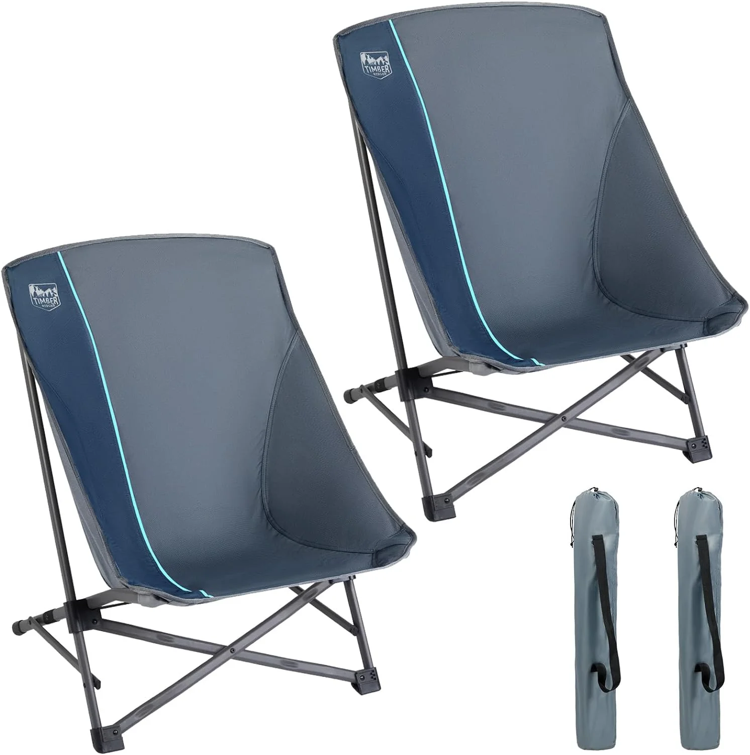 TIMBER RIDGE Folding Camping Chair for Adults, Stable Low Seat Beach Chairs with Carry Bag, Portable High Back Chair for Outdoor Camp Sand Lawn Concert, Supports 300Lbs Blue 2 Pack