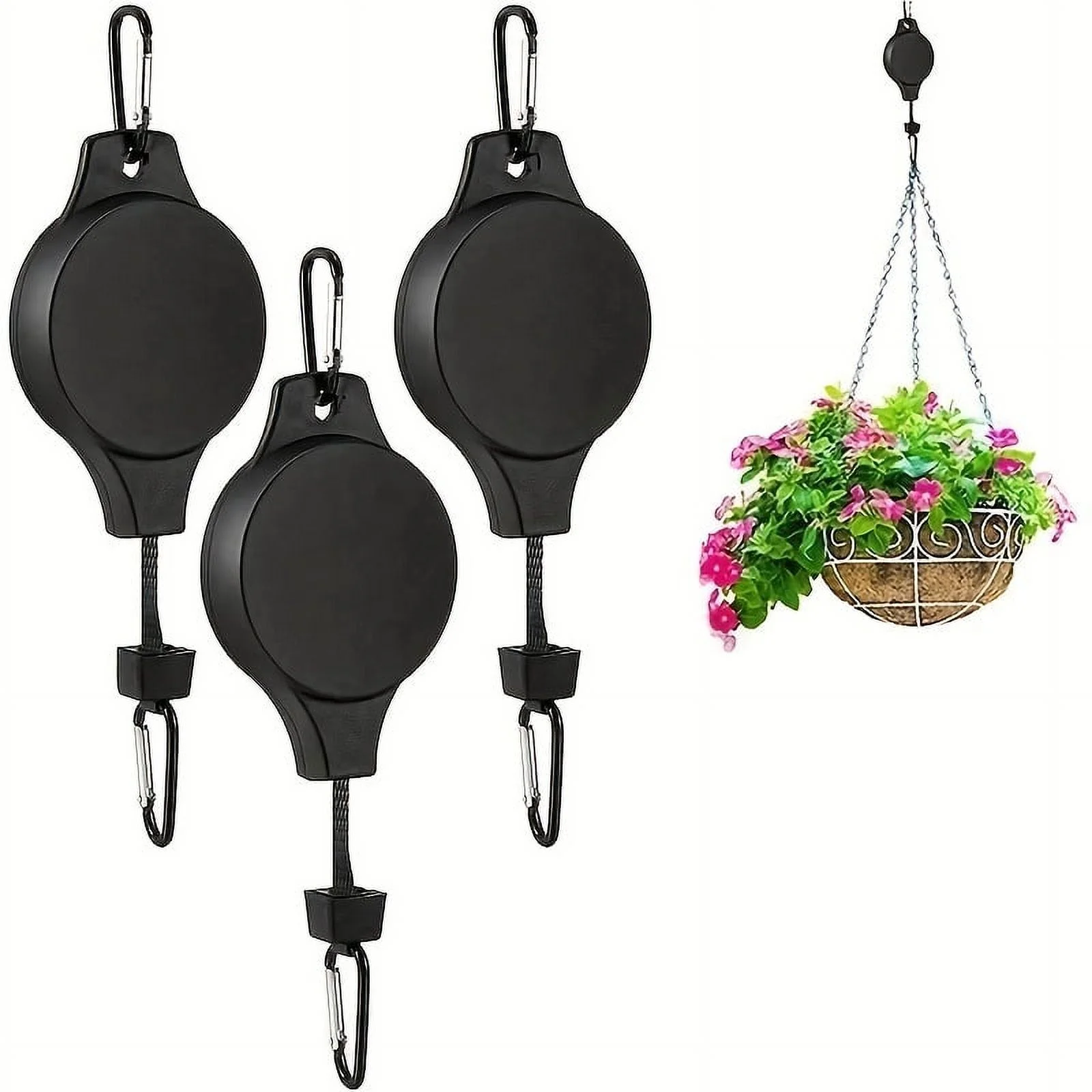3pcs Heavy Duty Pulley Retractable Plant Hanger for Indoor and Outdoor Use - Adjustable Height Wheel for Hanging Baskets, Pots, and Bird Feeders