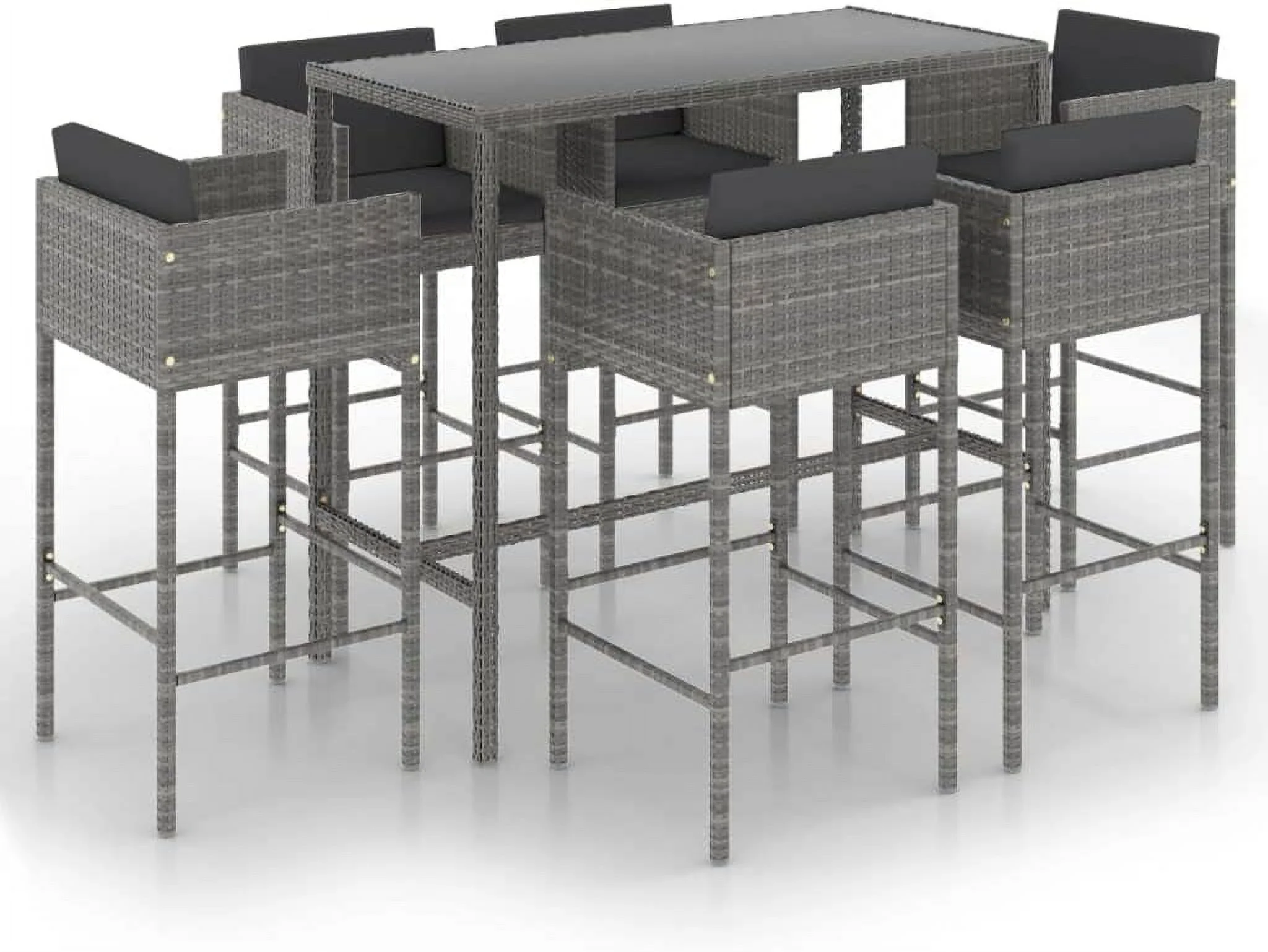 durable Furniture Sets 7 Piece Patio Bar Set with Cushions Poly Rattan Gray Outdoor Tables for Conversation Dining Outdoor Bench Gray