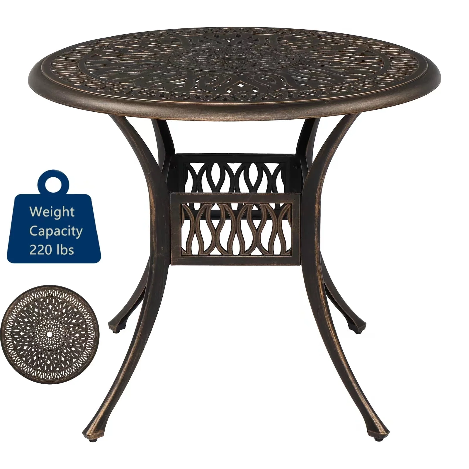 35.4in Round Patio Cast Aluminum Table with 2'' Umbrella Hole, Easy to Clean and Corrosion Resistant Holds 220lb, Adjustable Feet