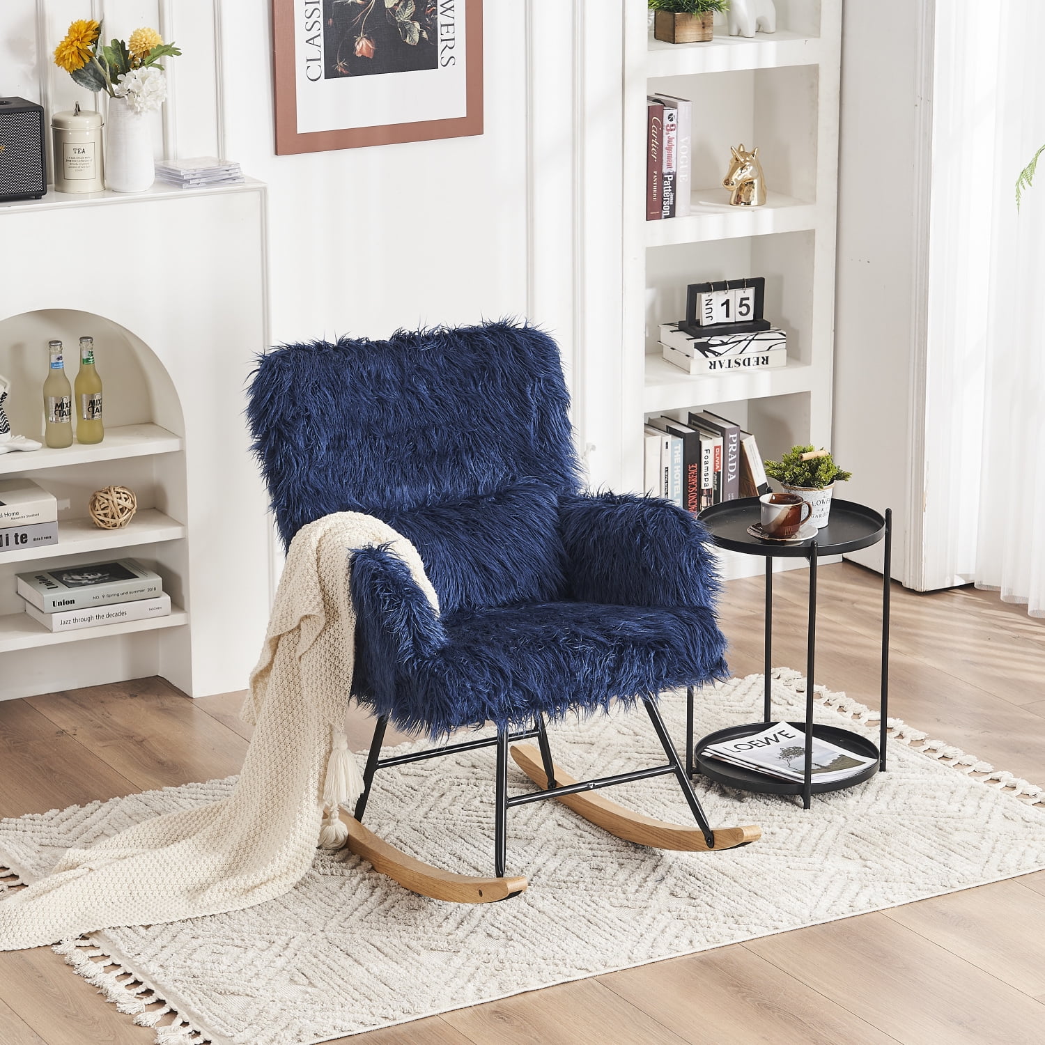 White Solid Wood Legs Rocking Chair Nursery with Lazy Plush Upholstered and Waist Pillow  Comfortable Nap Armchair for Living Rooms  Bedrooms  Offices  Perfect Gift