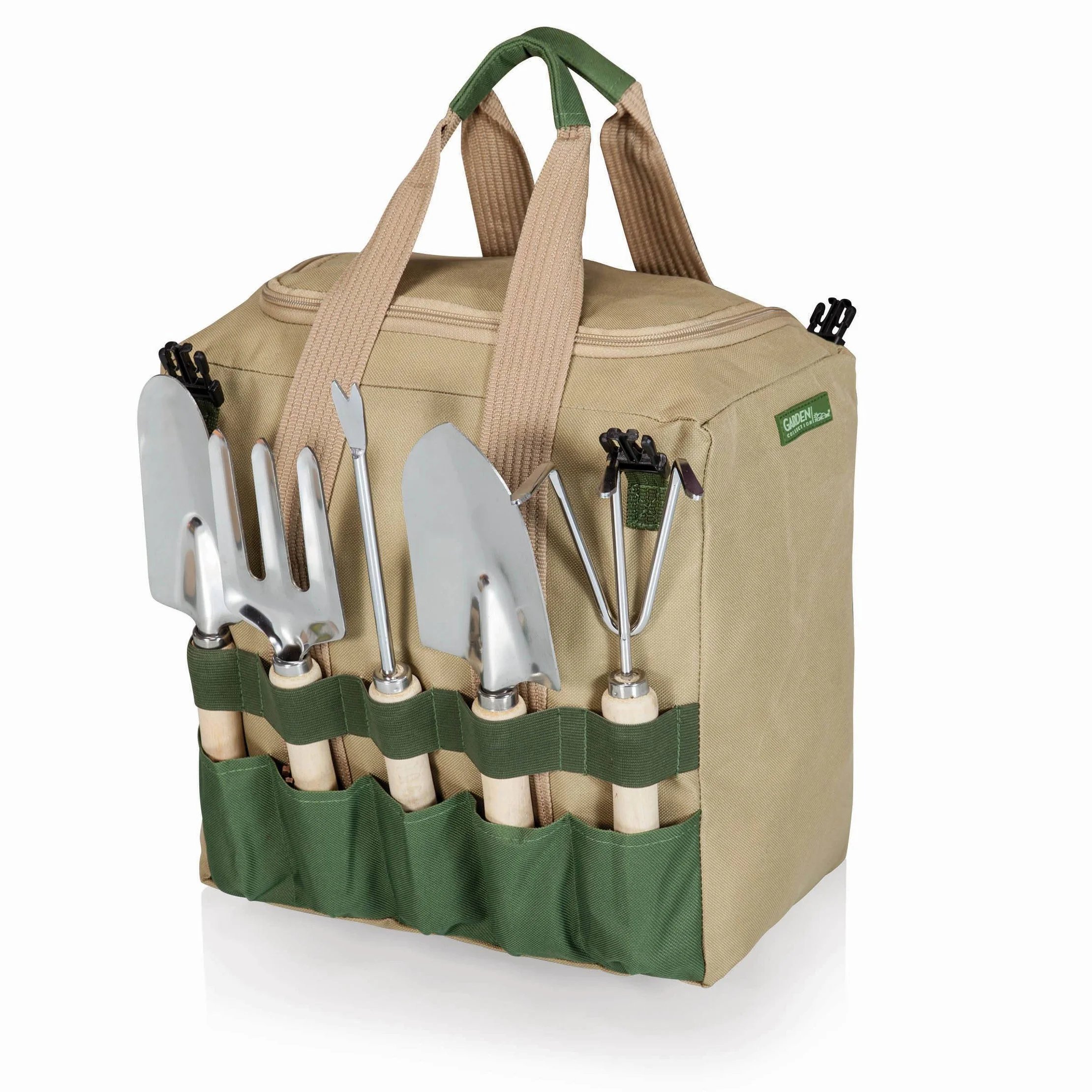 5pc Garden Tool Set with Tote And Folding Seat - Olive Green