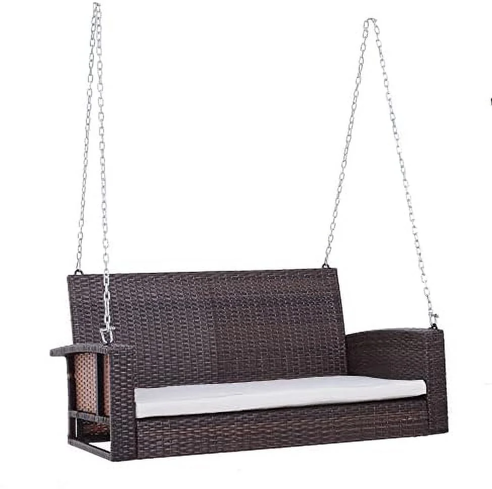 SQHJV 2 Person Wicker Hanging Swing Bench  Front Porch Swing Outdoor Chair with Cushions 550 lbs. Weight Capacity for Backyard  Garden  Cream White