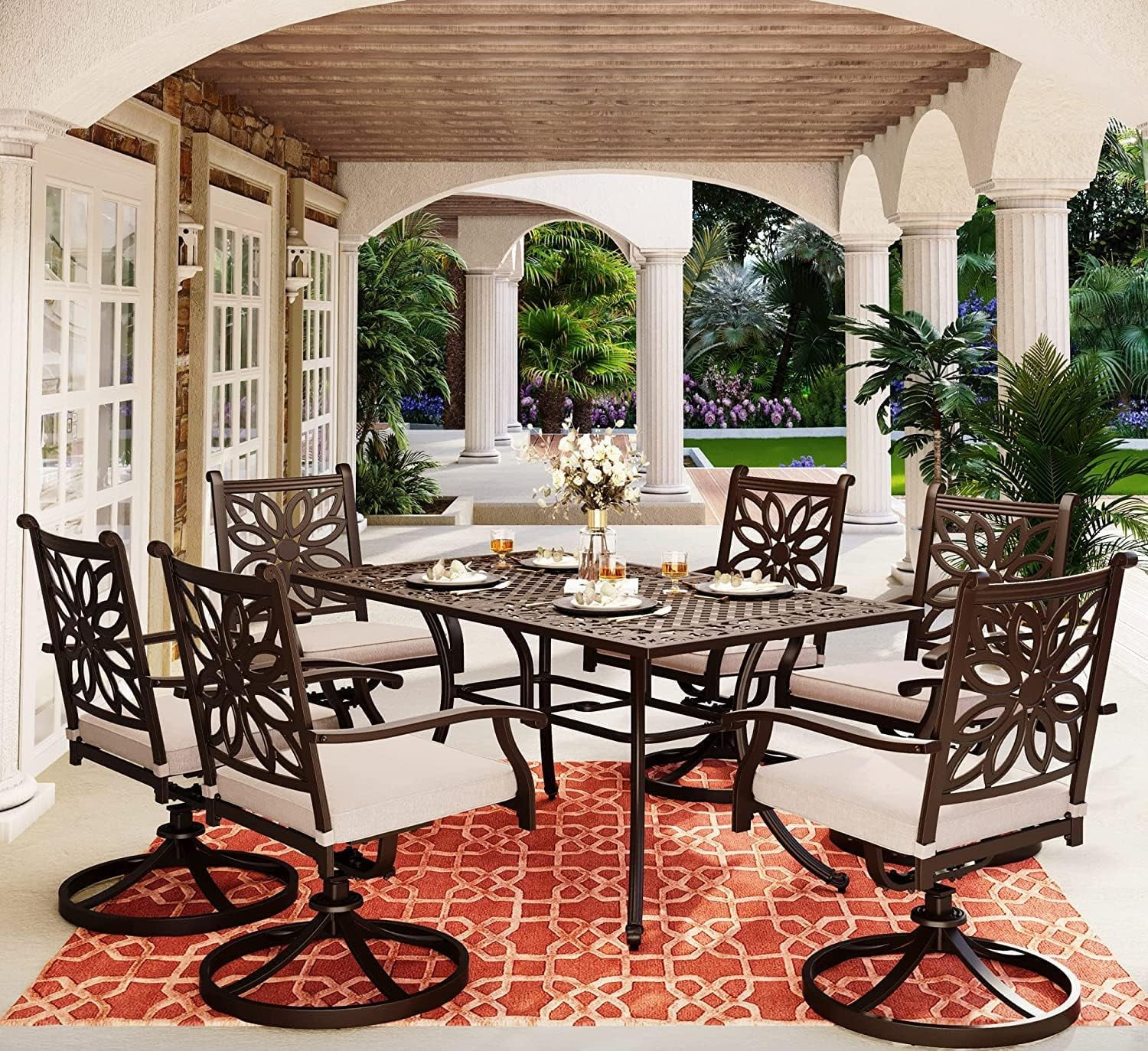 7 Pieces Cast Aluminum Design Patio Dining Set with 6 Swivel & Rock Chair and 1 63
