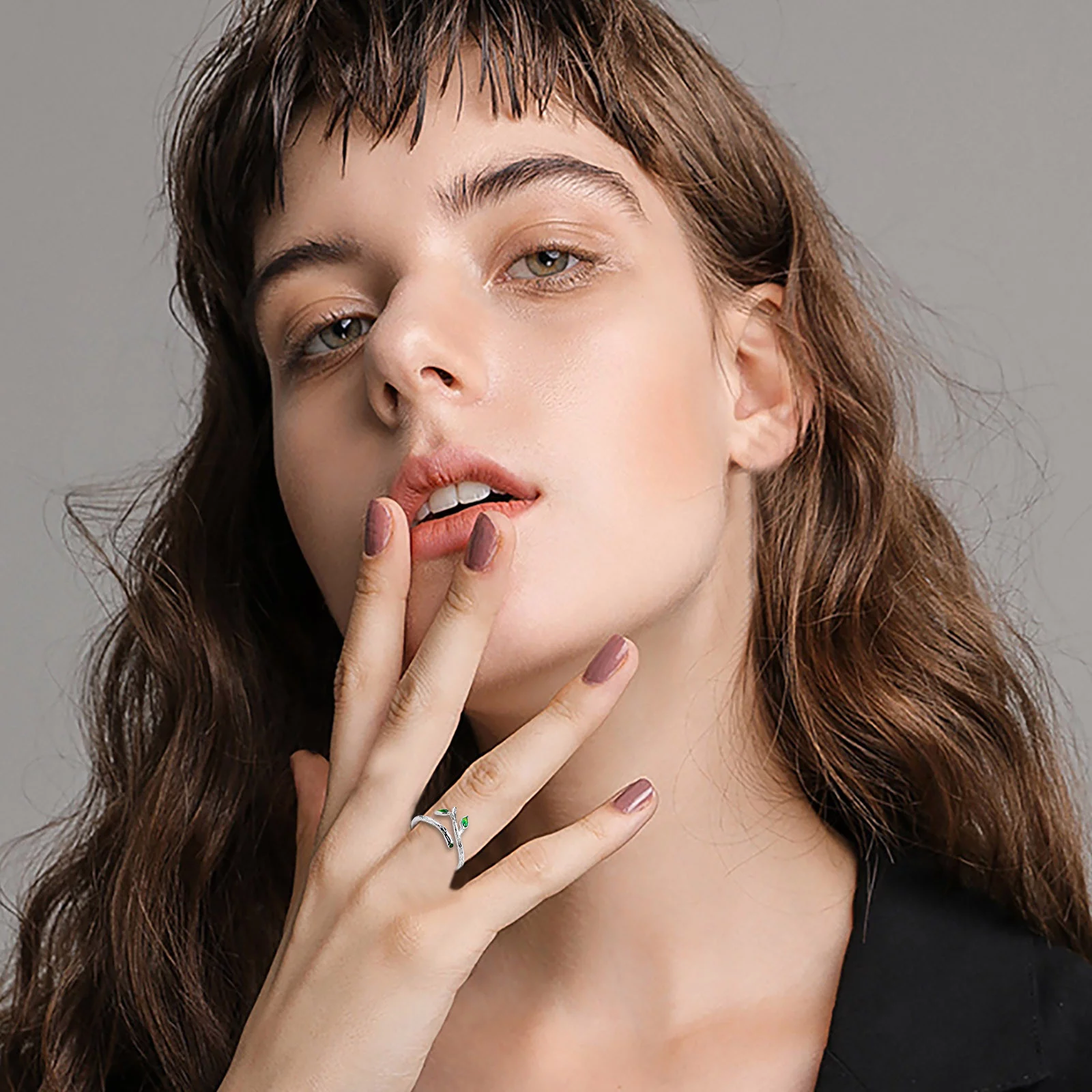 XZZjjl Sterling Silver Rings Round Shape Fashionable Nature Branch Leaves Ring Opening Adjustable Ring Jewelry