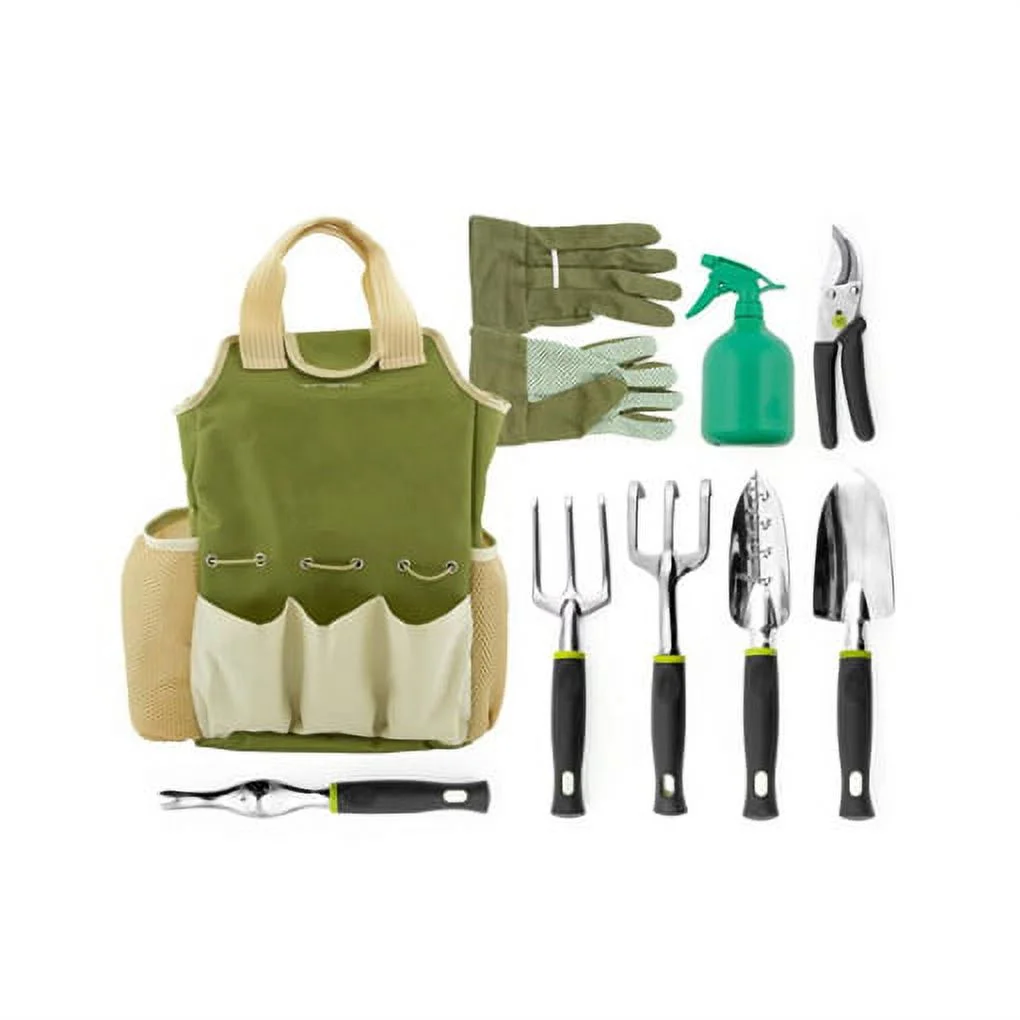 Garden Hand Tools Set, 9 Piece - Shovel, Rake, Pruner, Transplanter, Sprayer, Weeder, Gloves, Trowel, Cultivator