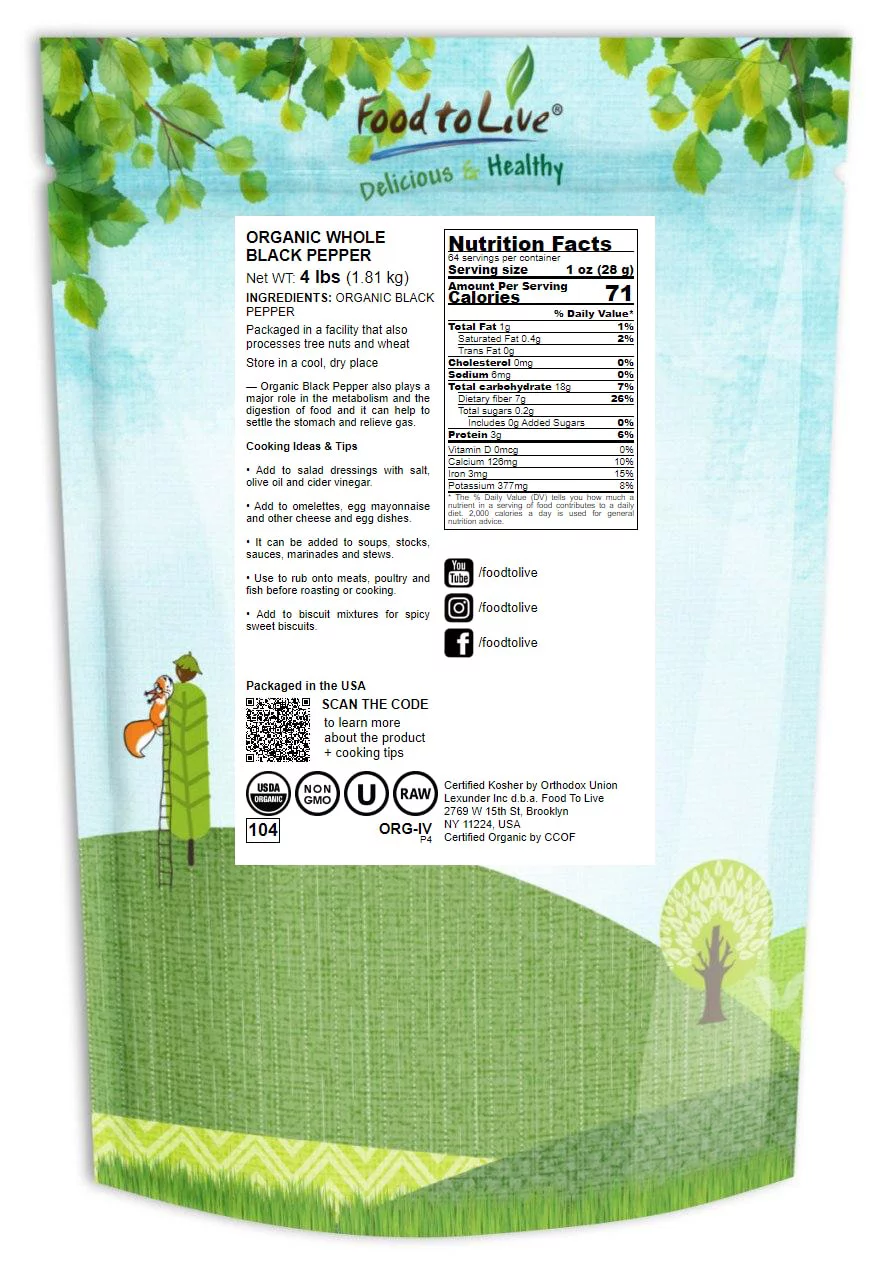 Organic Whole Black Pepper, 4 Pounds — Non-GMO, Raw, Vegan, Kosher — by Food to Live