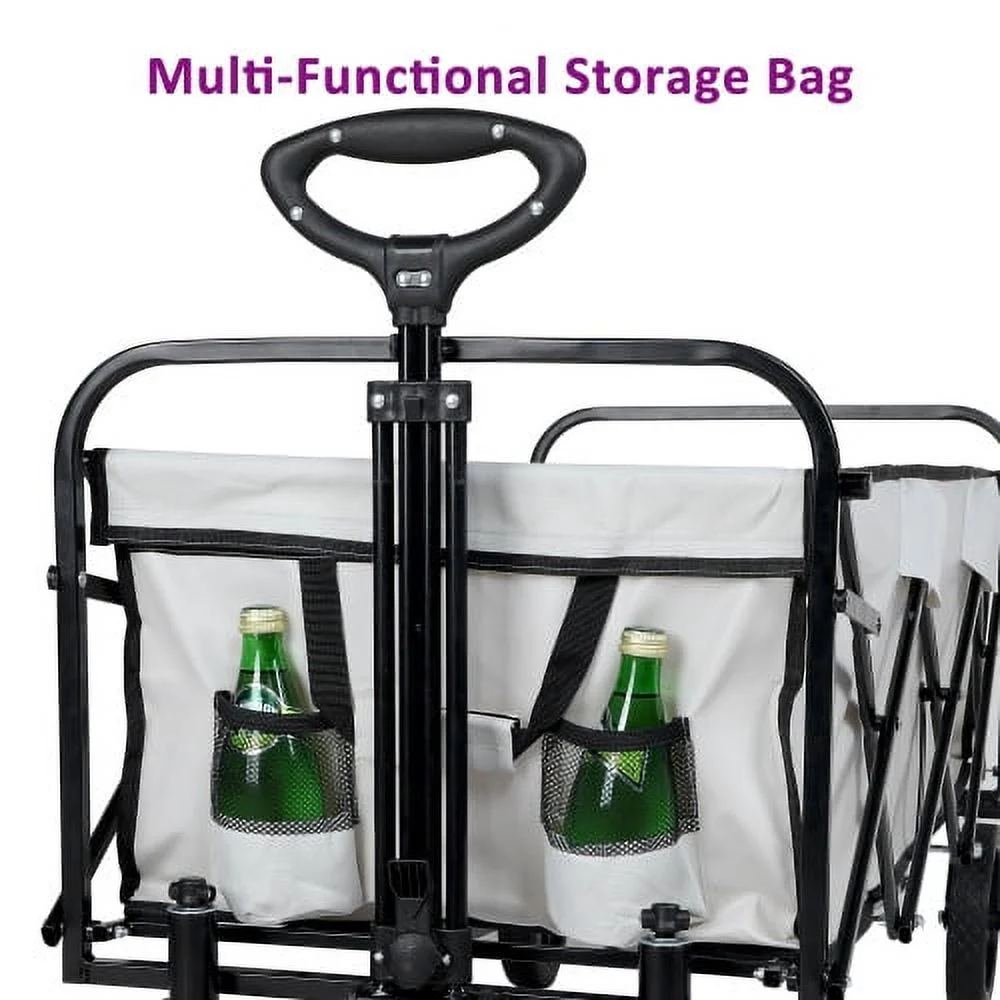 Extended Folding Utility Wagon, 330LBS Heavy Loaded Collapsible Garden Cart with Anti-Slip Wheels, Adjustable Handle and Side Pockets, Large, White, X-Large