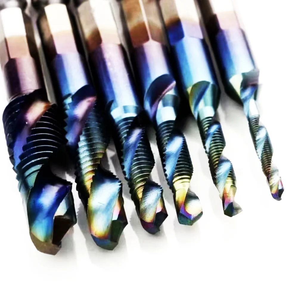 Metric Tap and Drill Bit Set Combination HSS Blue Coating Twist Drill Tap Combination Bit Set 6PCS with 1/4” Hex Shank Spiral Flute