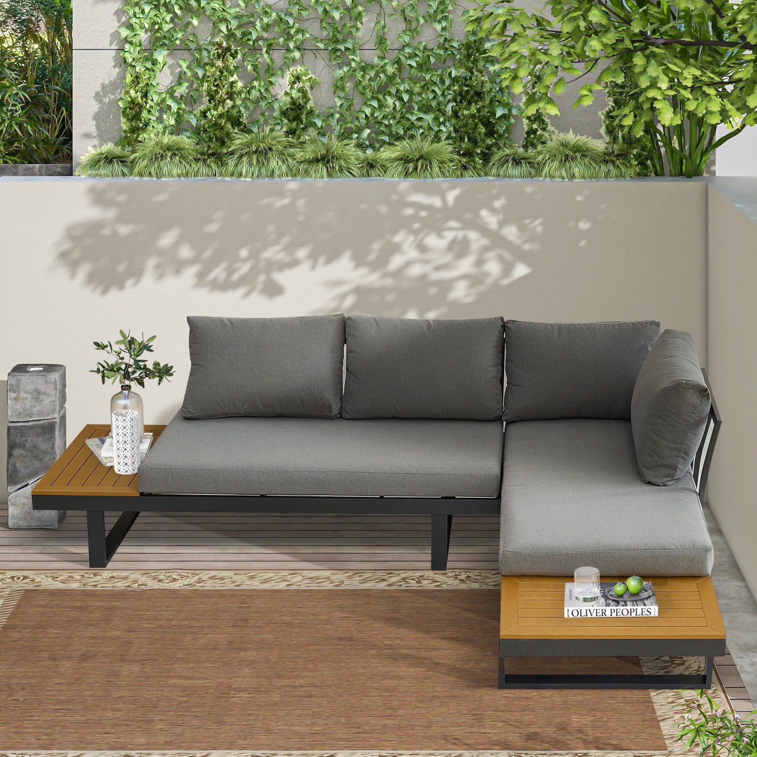 Luxurious and Elegant L-Shaped Sectional Sofa with Soft Cushion  Aluminum Outdoor Furniture Set and Plastic Wood Side Table for Ultimate Backyard and Poolside Enjoyment