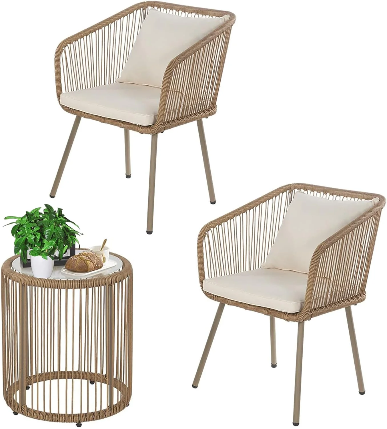 BLKMTY 3-Piece Patio Set Wicker Patio Bistro Furniture Set Outdoor All-Weather Wicker Furniture for Porch, Backyard Rattan Conversation Set W/Glass Coffee Table Top and 2 Chairs/Cushions