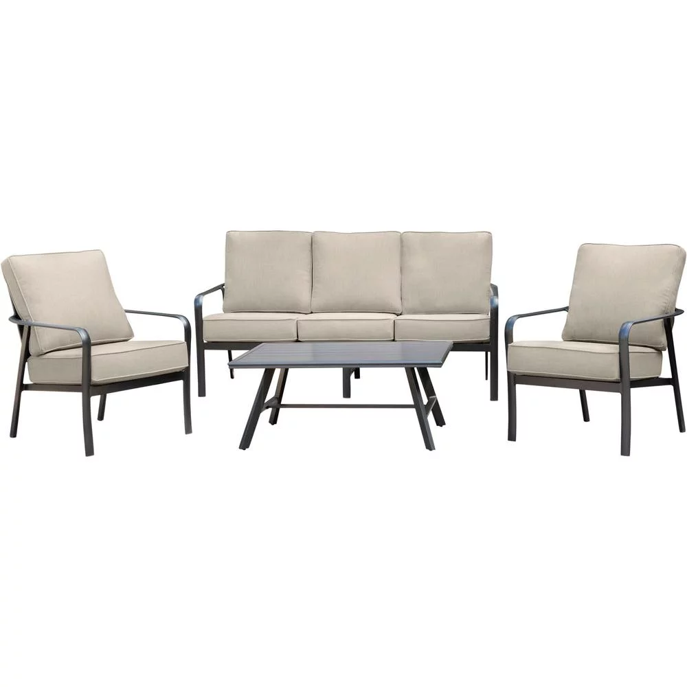 Hanover Cortino 4-Piece Commercial-Grade Patio Seating Set with 2 Cushioned Club Chairs, Sofa, and Slat-Top Coffee Table