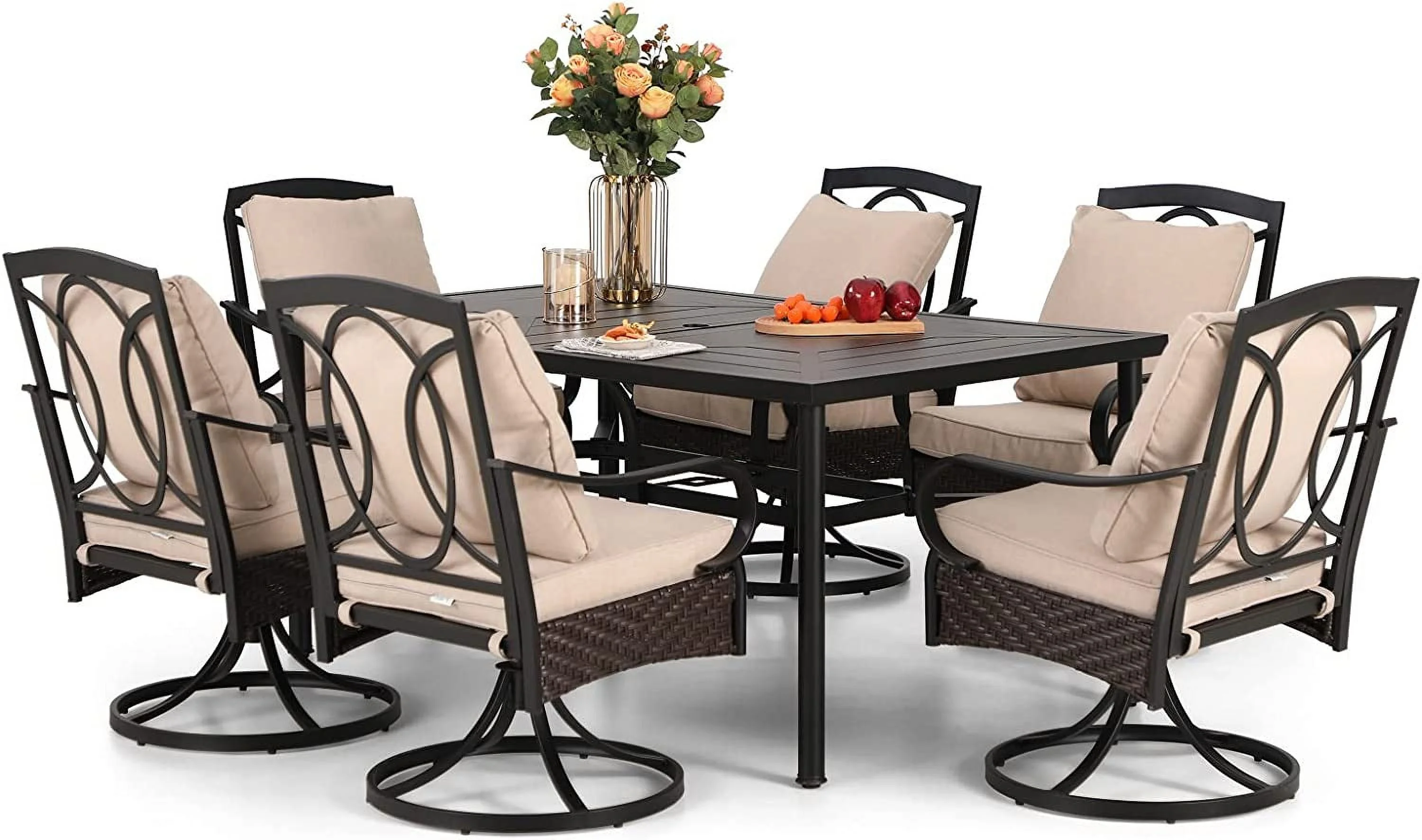 & William Patio Table and Chairs with 13ft Double-Sided Umbrella  8 Piece Outdoor Dining Furniture Set with 6 Padded Swivel Rocker Dining Chairs  1 Rectangular Metal Patio Table and 1