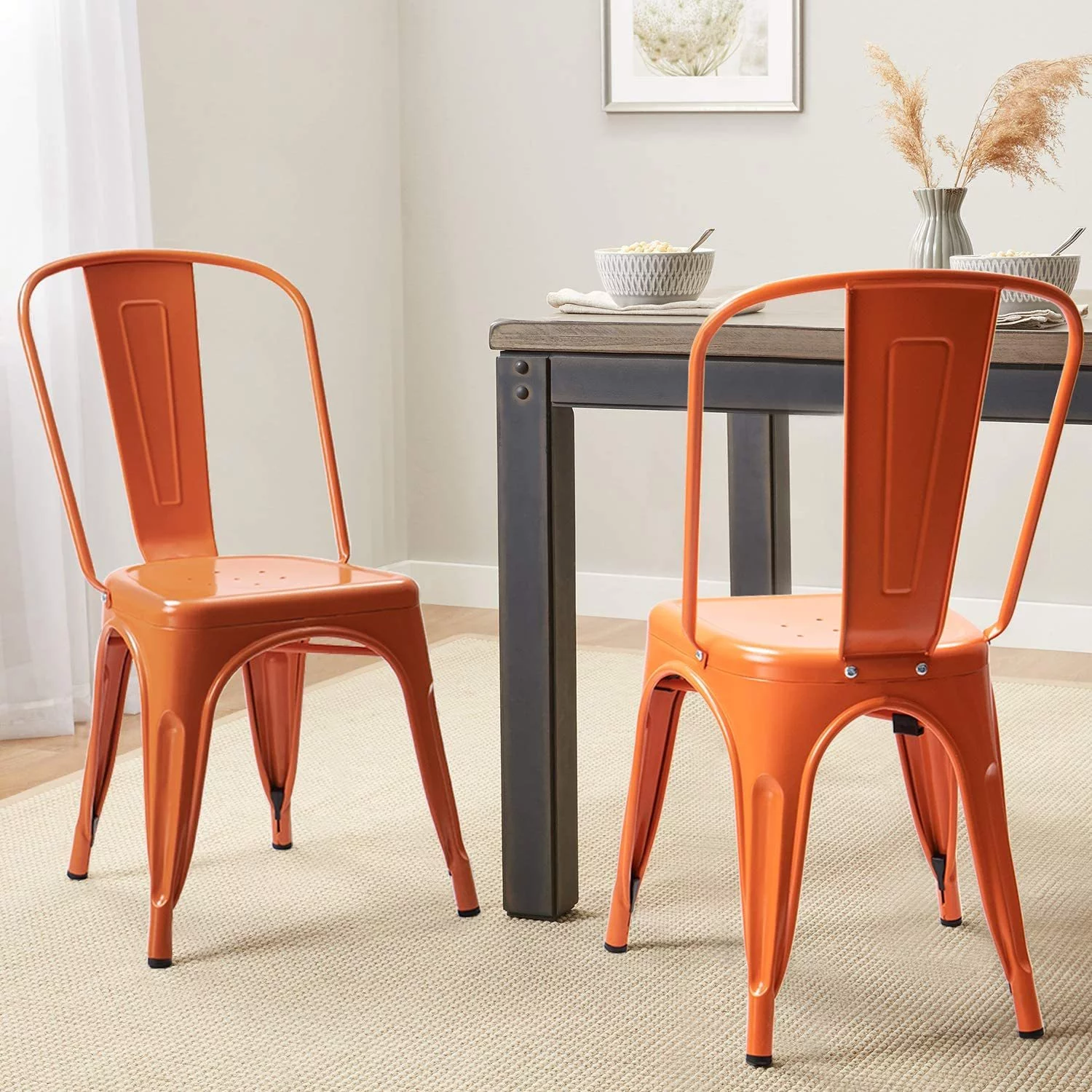 WJUN Metal Chairs Indoor/Outdoor Use Stackable Chic Dining Bistro Cafe Side Chairs Set of 4 (Orange)