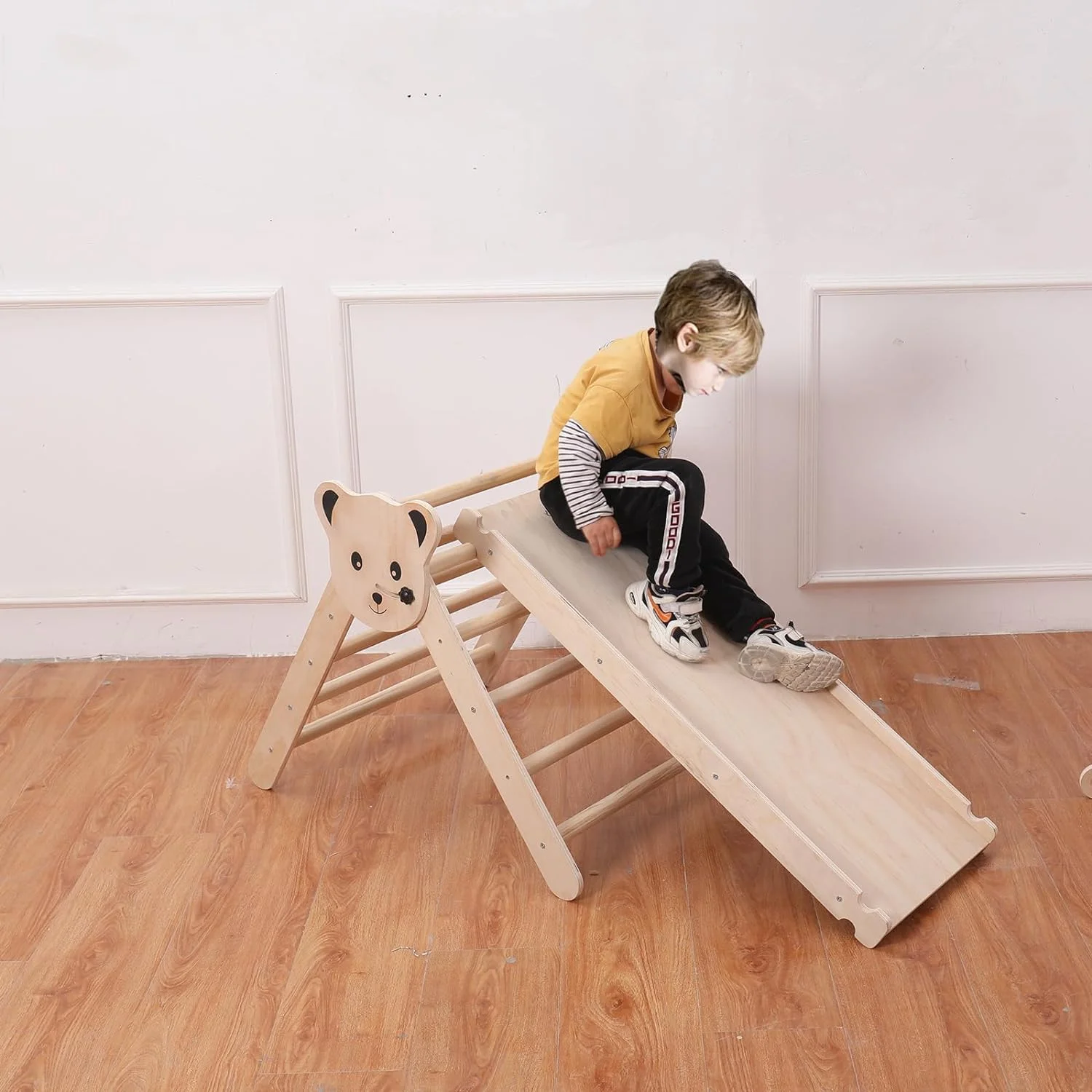 Pikler Triangle Climber with Ramp Slide Arch 5 in 1 Set, Foldable Wooden Montessori Toddler and Baby Climbing Toy,Indoor Playg Round Jungle Gym for Kids 1-6