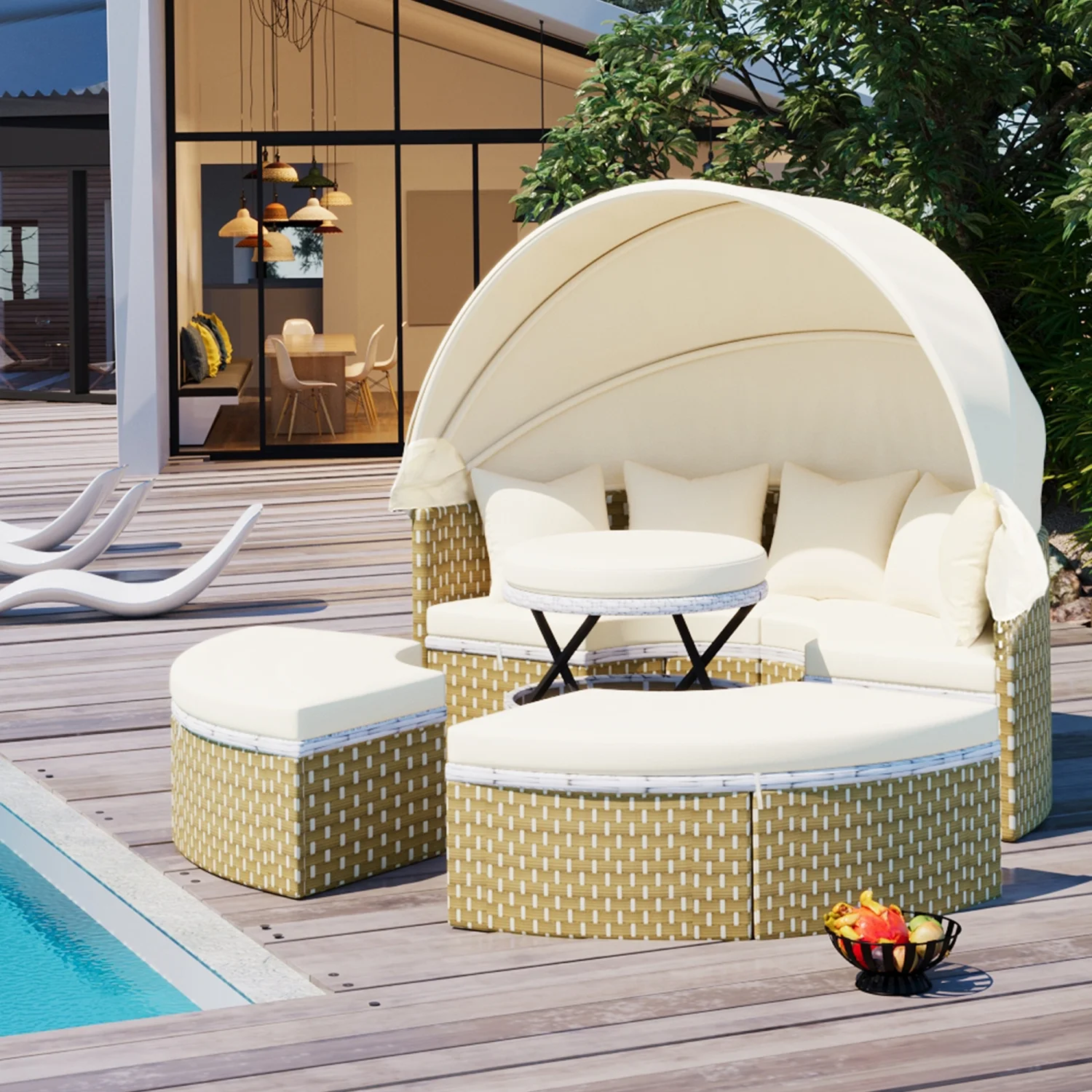 TOPMAX Patio Furniture Round Outdoor Sectional Sofa Set Rattan Daybed Two-Tone Weave Sunbed with Retractable Canopy  Separate Seating and Removable Cushion  Beige