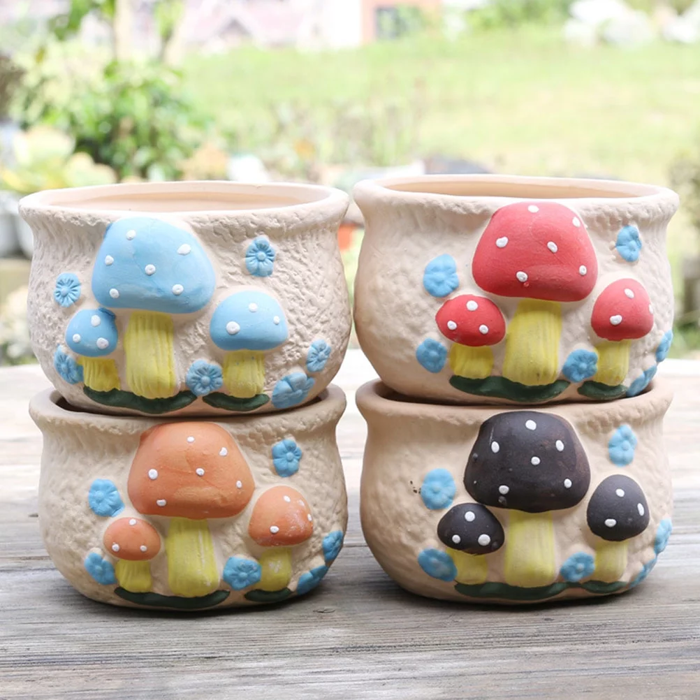 Guichaokj 4pcs Unglazed Ceramic Hand Painted Planters Succulent Pot Desktop Decoration
