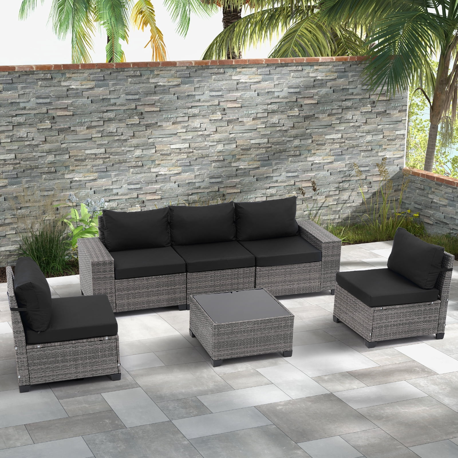 JOIVI 6 Pieces Wicker Patio Furniture Set, Outdoor Rattan Conversation Set with Sectional Sofa and Tempered Glass Top Table for Deck, Porch, Yard, Black