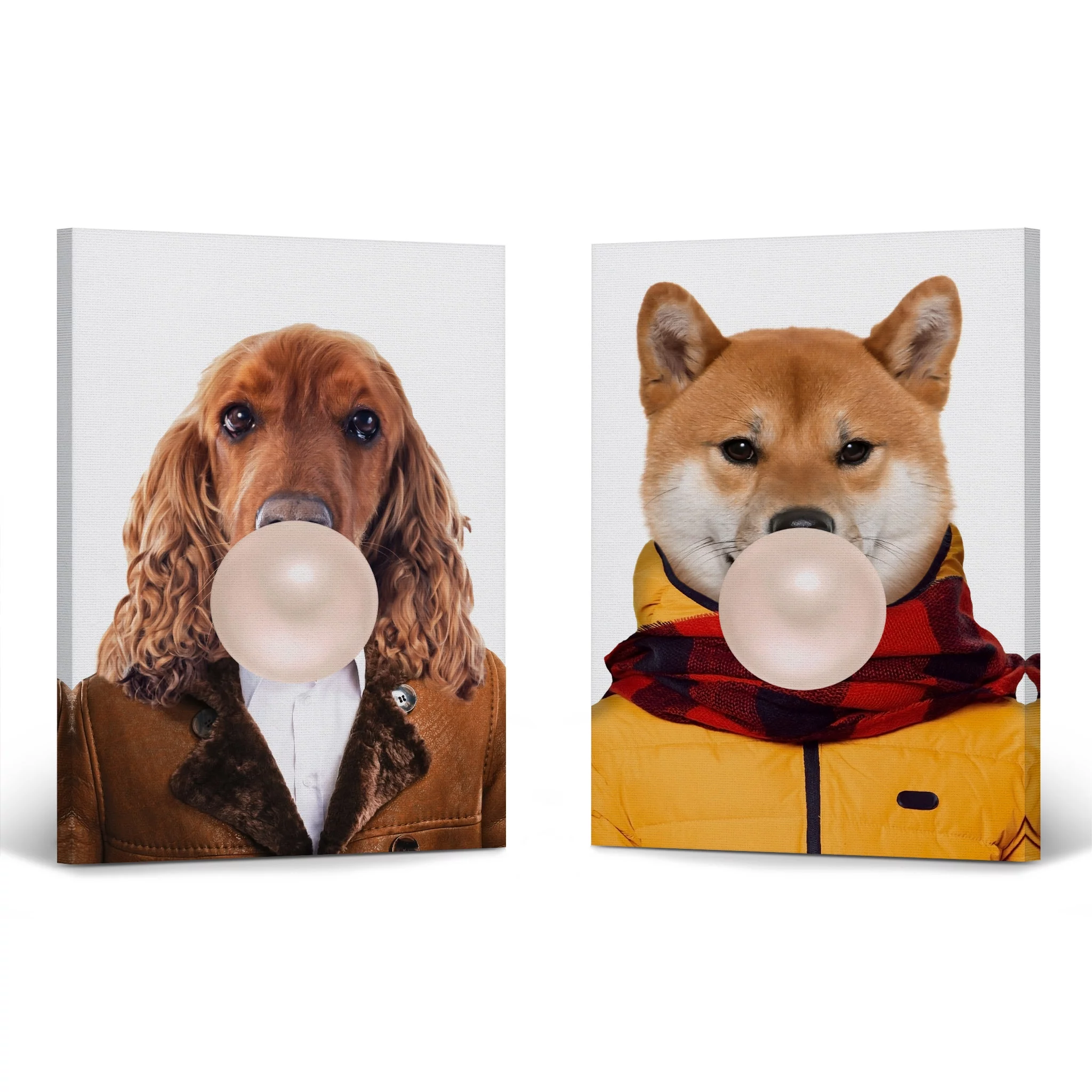Smile Art Design Portrait of English Cocker and Shiba Inu Dog Chewing Bubble Gum 2 Piece Canvas Wall Art Print Set Animal Pop Art Living Room Bedroom Kids Baby Nursery Room Decor - 28x19