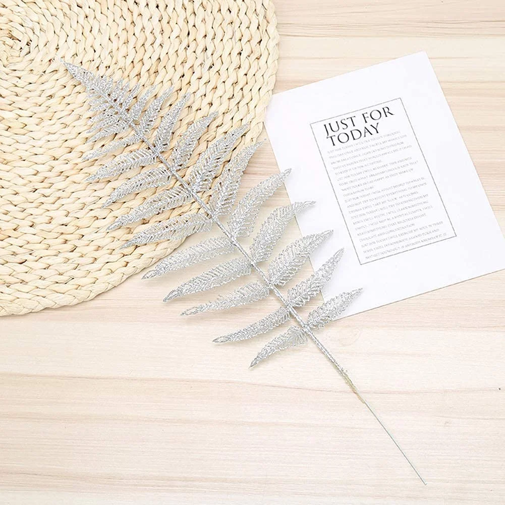 Namzi Decorative Glitter Hollow Leaf, 10pcs Artificial Fern Plant Persian Stem Leaves Christmas Spray Ornament for Holiday Party Xmas Tree Decor （Sliver）