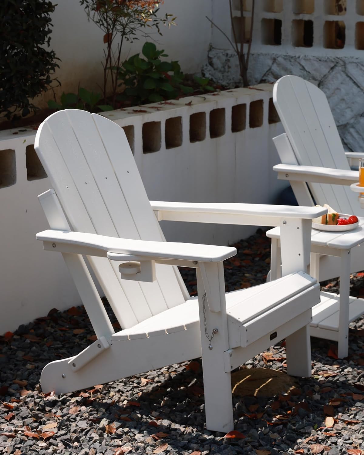 Folding Adirondack Chair, Patio Chair Weather Resistant, Outdoor Chair Wood Texture, Lawn Chair with Cup Holder, Fire Pit Chair for Deck, Outdoor, Porch, Backyard, Garden (White)