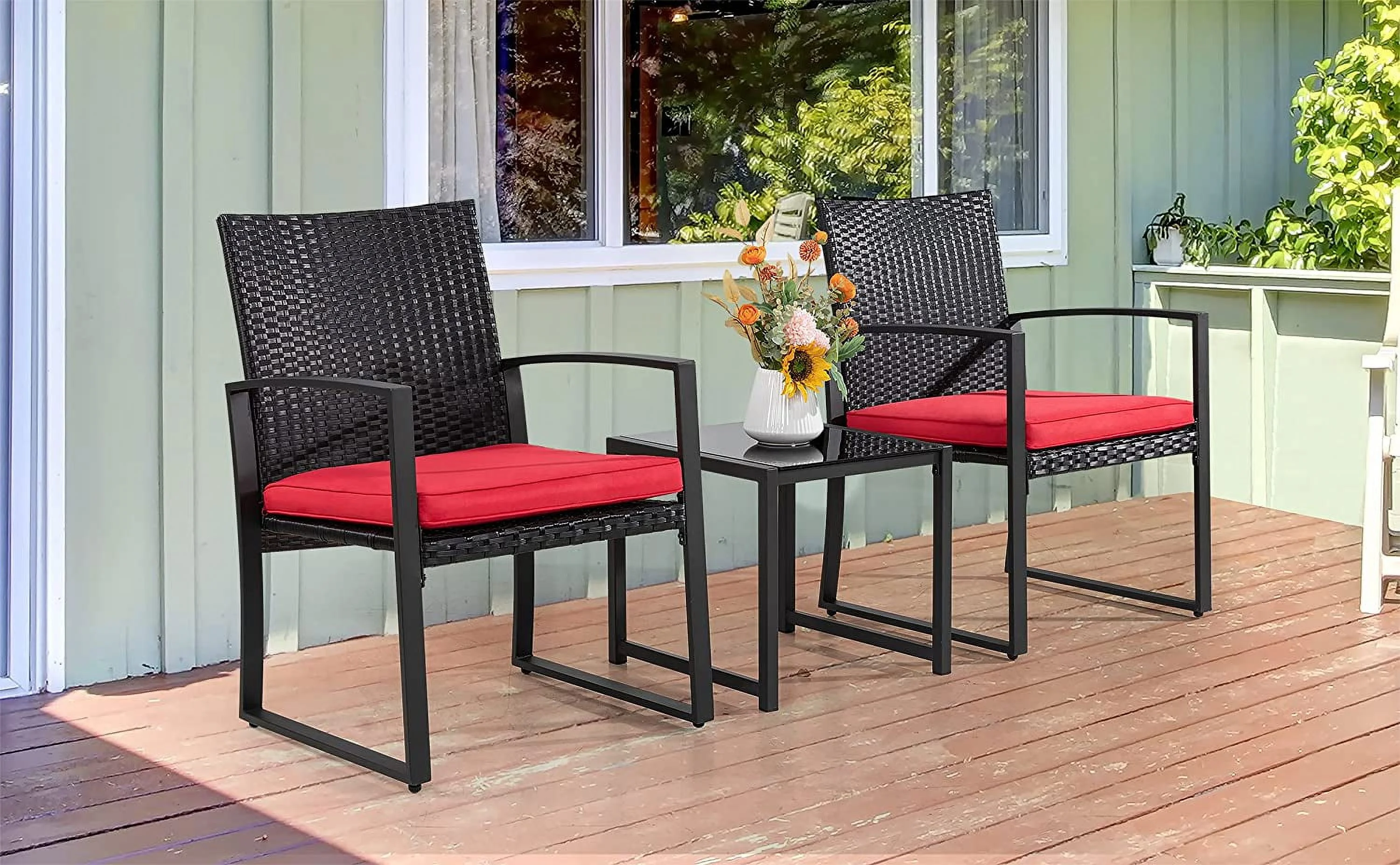 3 Pieces Outdoor Patio Furniture Set Modern Wicker Bistro Set Rattan Chair Conversation with Coffee Table for Yard Porch Poolside Lawn(Beige Cushion )