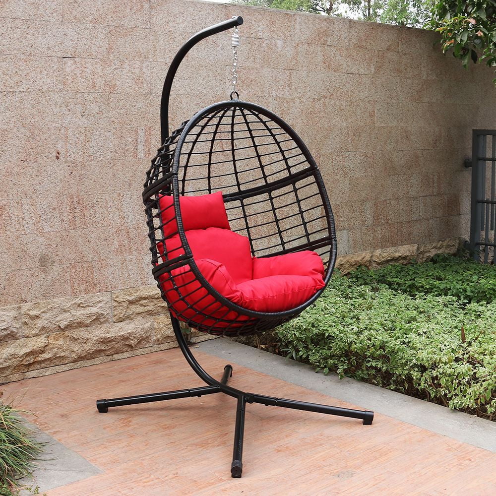 Abble Wicker Rattan Hanging Chair with Cushion and Stand - Black/Red