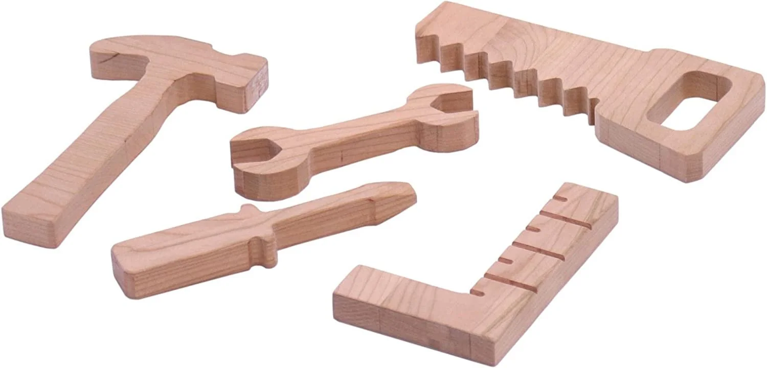 AmishToyBox.com Tool Box Toy Play Set, 6 Piece Wooden Toy Kid's Tool Set