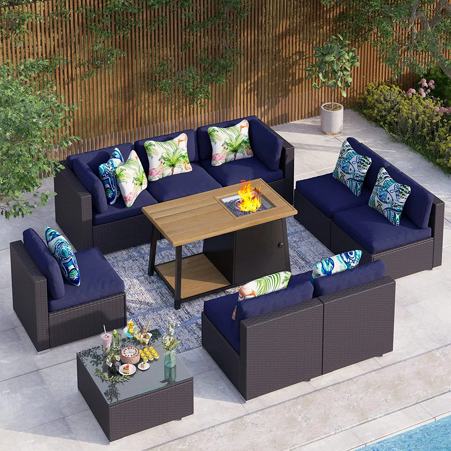 8 Pieces Patio Furniture Set with 45" Plate Embossing Propane Fire Table Outdoor PE Rattan Sectional Sofa Set Patio Gas Fire Pit Conversation Set with Blue Cushions & Glass Table