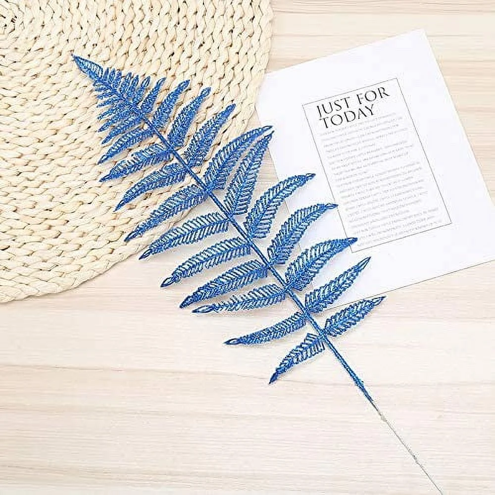 Namzi Decorative Glitter Hollow Leaf, 10pcs Artificial Fern Plant Persian Stem Leaves Christmas Spray Ornament for Holiday Party Xmas Tree Decor （Blue）