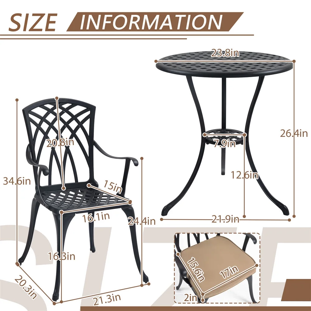 Ecarpat 3-Piece Patio Bistro Set, Aluminum Outdoor Patio Furniture with Umbrella Hole and Cushions, Table and Chairs Set for Park Backyard Front Porch, Black