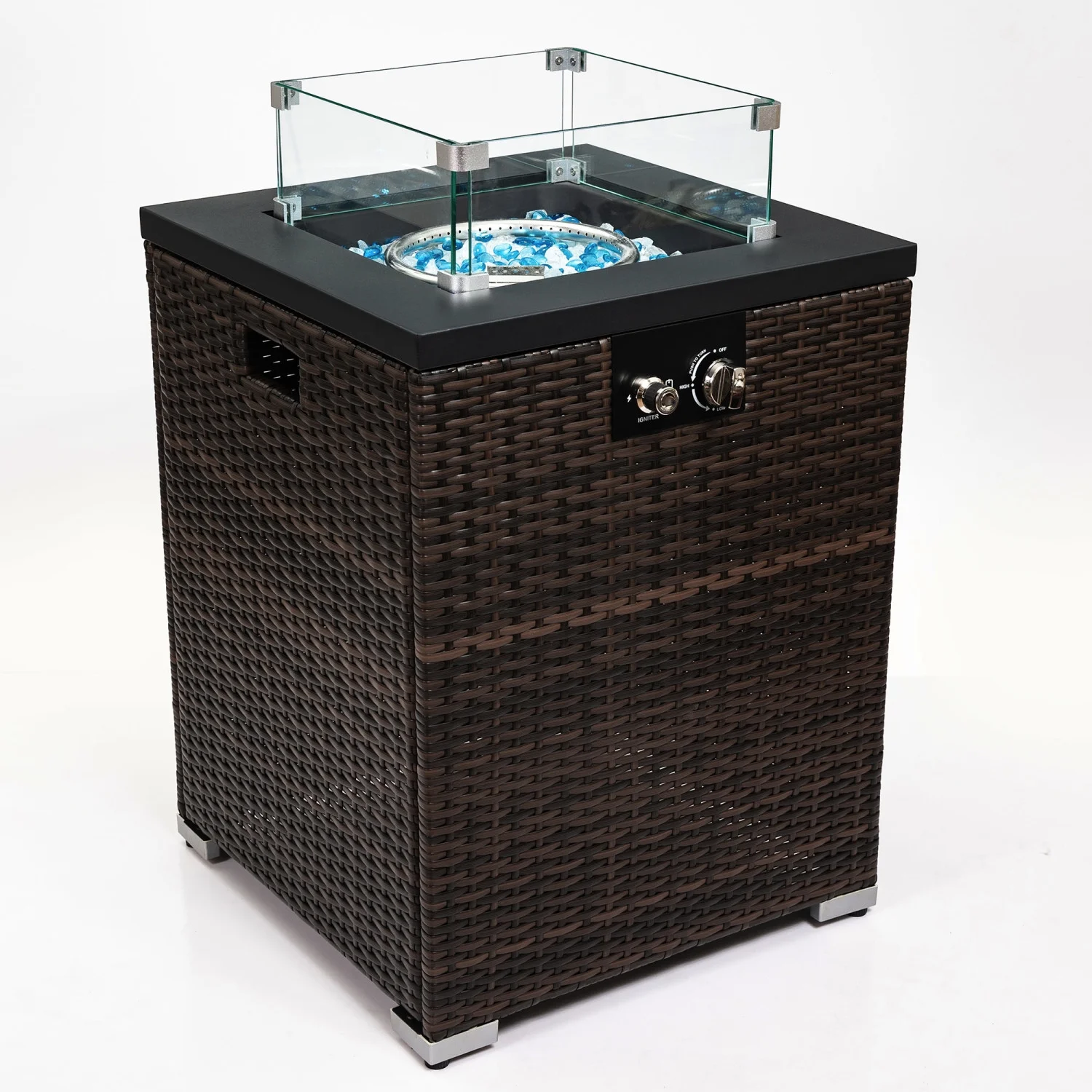 Stylish and Elegant Wicker Fire Pit Column with Glass Wind Guard for Outdoor Entertaining and Warmth on Cool Nights. The Perfect Addition to Your Patio or Deck  Creating a Cozy Atmosphere