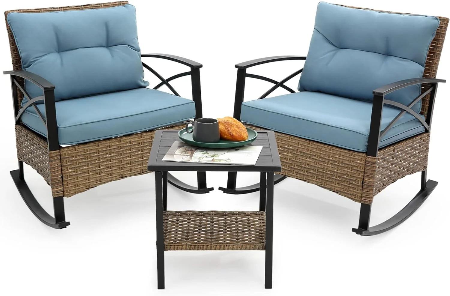 Dina Patio Conversation Furniture Set 4 Pieces Outdoor Wicker Bistro Loveseat Chairs with Waterproof Cushions and Table Outside for Balcony Porch  Grey