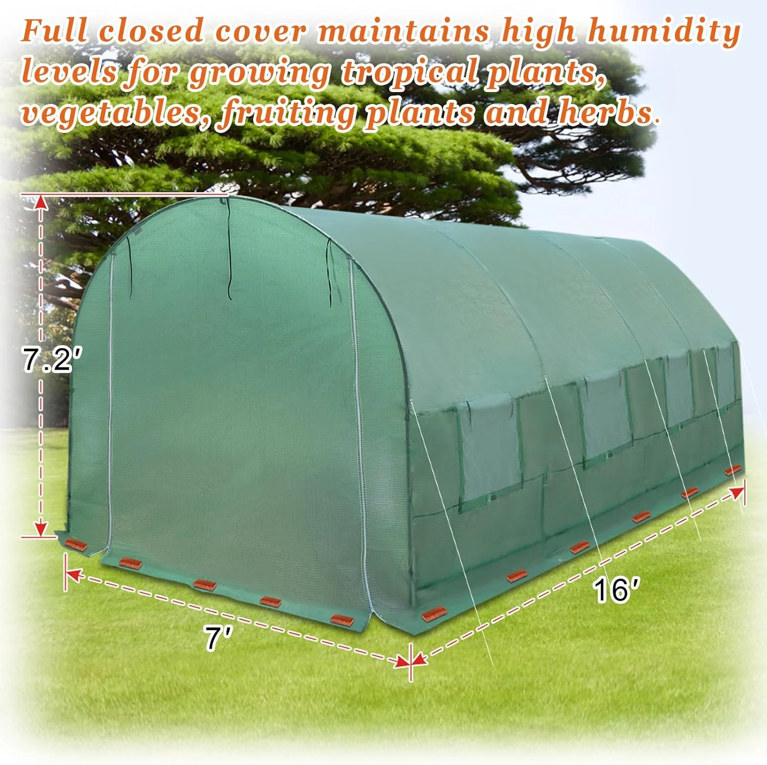 Large Walk In Greenhouse Portable Tunnel Garden Plant Tent (16' X 7' X 7')