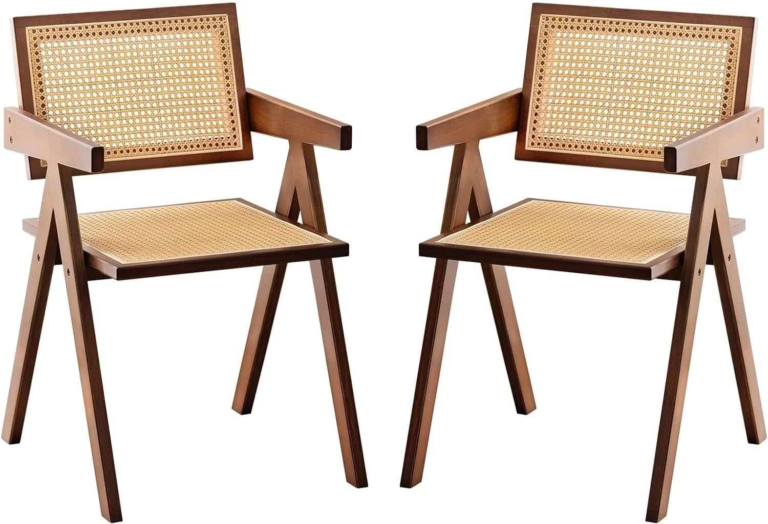 Rattan Accent Chairs, Modern Mid Century Dining Chairs Set of 2, Comfy Armchairs, Outdoor Rattan Chairs with Armrest for Bedroom Living Room Reading Room Dining Kitchen, Brown