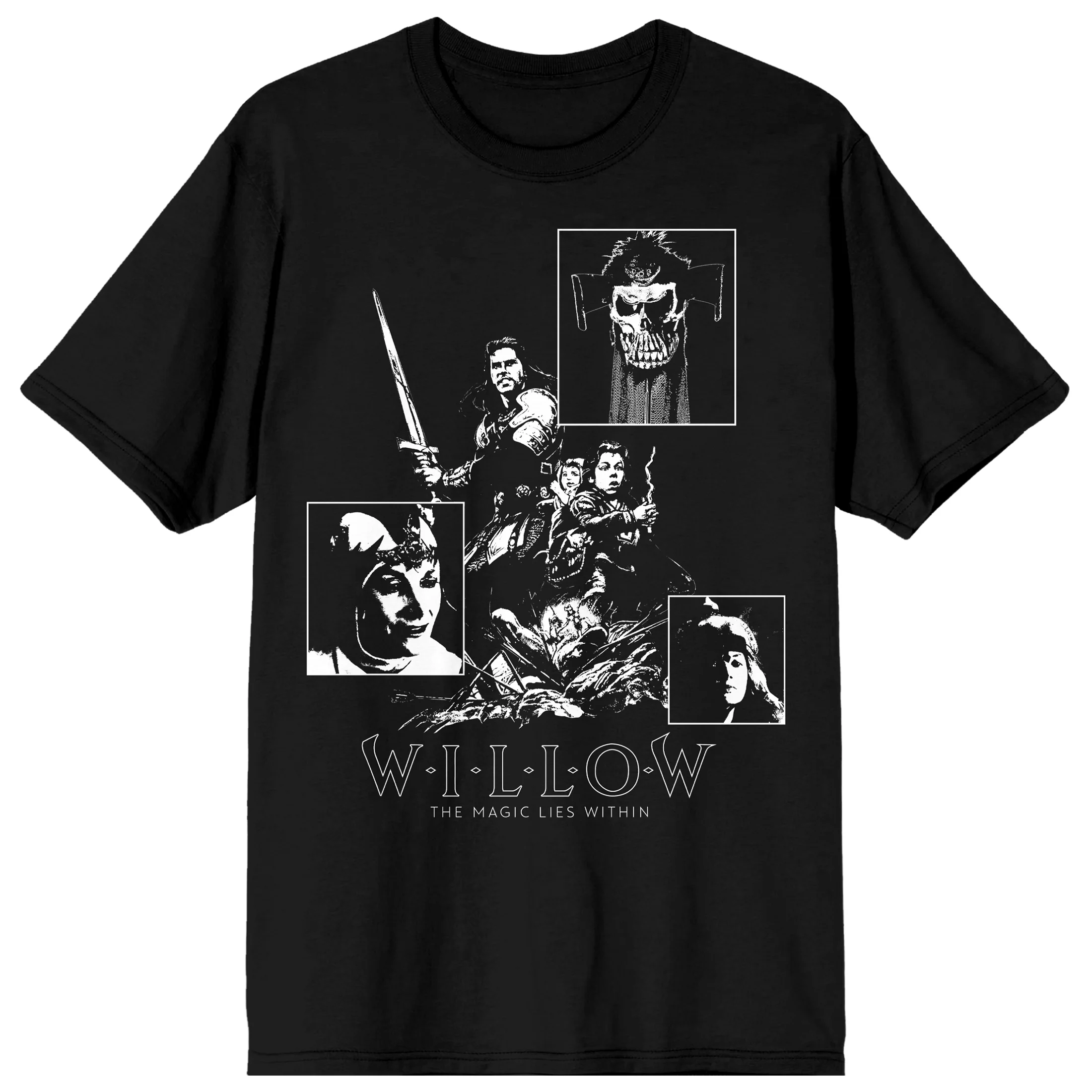 Willow (1988) Black and White Character Collage Men's Black Graphic Tee-Small