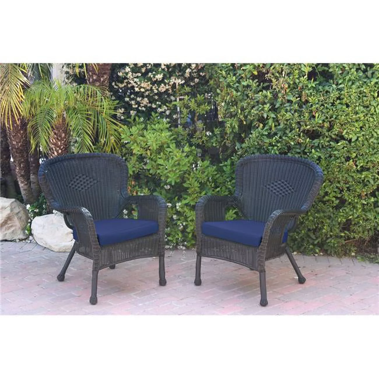 W00214-C-2-FS011 Windsor Black Resin Wicker Chair with Blue Cushion - Set of 2